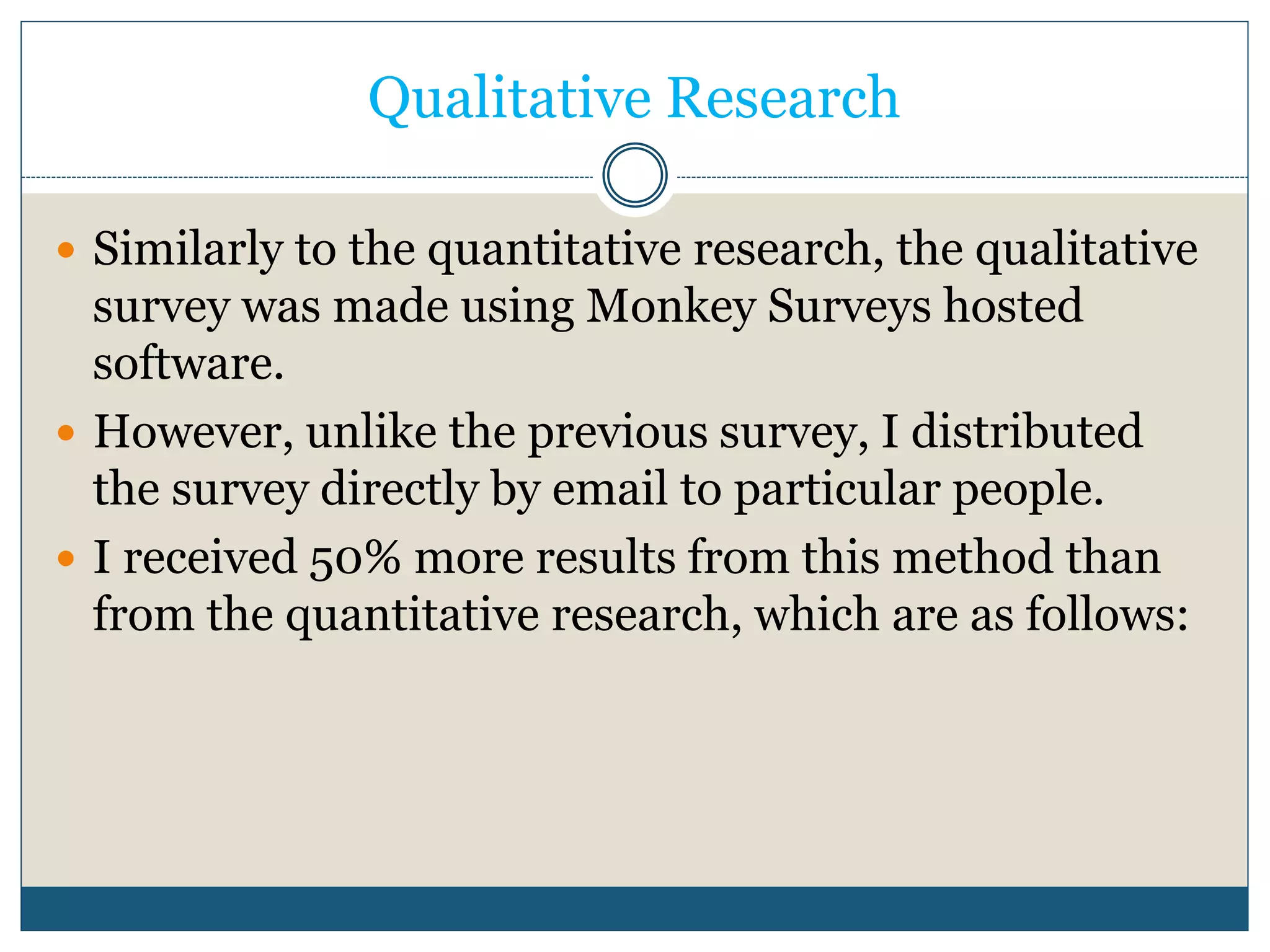 Qualitative Research 
 Similarly to the quantitative research, the qualitative 
survey was made using Monkey Surveys hosted 
software. 
 However, unlike the previous survey, I distributed 
the survey directly by email to particular people. 
 I received 50% more results from this method than 
from the quantitative research, which are as follows: 
 