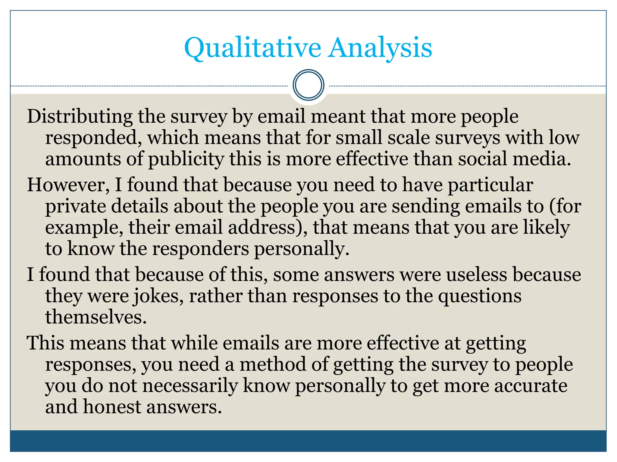 Qualitative Analysis 
Distributing the survey by email meant that more people 
responded, which means that for small scale surveys with low 
amounts of publicity this is more effective than social media. 
However, I found that because you need to have particular 
private details about the people you are sending emails to (for 
example, their email address), that means that you are likely 
to know the responders personally. 
I found that because of this, some answers were useless because 
they were jokes, rather than responses to the questions 
themselves. 
This means that while emails are more effective at getting 
responses, you need a method of getting the survey to people 
you do not necessarily know personally to get more accurate 
and honest answers. 
