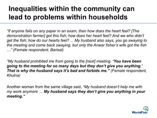 Inequalities within the community can
lead to problems within households
“If anyone fails on any paper in an exam, then how does the heart feel? [The
demonstration farmer] got this fish; how does her heart feel? And we who didn’t
get the fish; how do our hearts feel? ... My husband also says, you go swaying to
the meeting and come back swaying, but only the Anwar fisher’s wife got the fish
…” (Female respondent, Barisal)
“My husband prohibited me from going to the [next] meeting. ‘You have been
going to the meeting for so many days but they don’t give you anything.’
That is why the husband says it’s bad and forbids me.” (Female respondent,
Khulna)
Another woman from the same village said, “My husband doesn’t help me with
my work anymore … My husband says they don’t give you anything in your
meeting.”
 