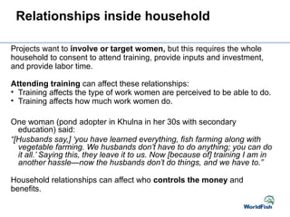 Relationships inside household
Projects want to involve or target women, but this requires the whole
household to consent to attend training, provide inputs and investment,
and provide labor time.
Attending training can affect these relationships:
• Training affects the type of work women are perceived to be able to do.
• Training affects how much work women do.
One woman (pond adopter in Khulna in her 30s with secondary
education) said:
“[Husbands say,] ‘you have learned everything, fish farming along with
vegetable farming. We husbands don’t have to do anything; you can do
it all.’ Saying this, they leave it to us. Now [because of] training I am in
another hassle—now the husbands don’t do things, and we have to.”
Household relationships can affect who controls the money and
benefits.
 