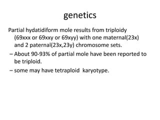 genetics
Partial hydatidiform mole results from triploidy
(69xxx or 69xxy or 69xyy) with one maternal(23x)
and 2 paternal(23x,23y) chromosome sets.
– About 90-93% of partial mole have been reported to
be triploid.
– some may have tetraploid karyotype.

 