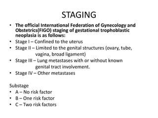 STAGING
• The official International Federation of Gynecology and
Obstetrics(FIGO) staging of gestational trophoblastic
neoplasia is as follows:
• Stage I – Confined to the uterus
• Stage II – Limited to the genital structures (ovary, tube,
vagina, broad ligament)
• Stage III – Lung metastases with or without known
genital tract involvement.
• Stage IV – Other metastases
Substage
• A – No risk factor
• B – One risk factor
• C – Two risk factors

 