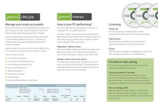 Compliance                                                  KickStart

                      KickStart                                                   LifeCycle                                                                             Compliance                   Compliance




                      LifeCycle                                                   Interact
                                                                                                                                                  I’m running an               I’m running an                  I’m running an
                                                                                                                                                  important                    important                       important
                                                                                                                                                  application                  application                     application
                                                                                                                                                  overnight.                   overnight.                      overnight.




Manage your assets accurately                                How is your PC performing?                                   Licensing
                                                                                                                                                                   The Green IT Company         The Green IT Company



                      Interact
Most business assets are only replaced when they become
                                                                         SME
                                                             How much time and user productivity is lost when an
                                                                                                                          Perpetual
worn-out and no longer function reliably. PCs tend to be     employee’s PC is not performing well?
                                                                                                                          One-off-payment per workstation plus a yearly
replaced when indicated by a depreciation schedule.
                      SME
Greentrac realises capex savings and reduces asset waste
                                                                                  Print
                                                             Greentrac Interact can help you quantify individual and
                                                             departmental PC performance and is designed to give the
                                                                                                                          maintenance fee. The appliance is located on premises.

in the PC fleet by determining if the PC is still working    help desk and service delivery team a real-time view on      Subscription
reliably for the employee and predicting when the PC         how the whole PC fleet is operating.                         Monthly fee per workstation (2 year commitment
should be replaced.   Print                                                                                               required). The appliance is located on premises.
                                                             Help desk / delivery team
Greentrac does this by measuring how long it takes for the                                                                Cloud
                                                             The Load and Wait Indexes can assist the help desk when
PC to respond to commands as the employee is using it.                                                                    Monthly fee per workstation. The appliance is hosted and
                                                             dealing with callers or be used by the service delivery
Lifecycle reports include:                                                        Technololgy
                                                             team to see what impact a change to the SOE has had.         fully managed by EventZero (or Hosting Partner).

þ Least Performing Models
                                                             People-centric not asset-centric
þ Least Performing Models By Group                           Since the responsiveness score is based on the user of       It’s time to start saving
þ Least Performing Technololgy
                   Models By Site                            the PC (not just the PC asset itself ), PC performance can   The next step is to establish the level of savings that
þ User Group Performance                                     be linked to departments and the applications they use,      Greentrac can deliver your enterprise.
þ Model Performance                                                               Family
                                                             rather than just the model of the asset.
                                                                                                                          Conduct a proof of concept
þ Install Dates by Model
                                                                                                                          The POC allows you to evaluate Greentrac in your
þ Oldest Models                                                                                                           environment. During this period potential savings are
                      Family
þ Estimated Refurbishment Cost/E-Waste                                                                                    identified, PC fleet is benchmarked, power polices/user
                                                                                                                          engagement applied and the actuals savings are reported.

                                                                                                                          Run an energy audit
                                                                                                                          With the Greentrac Energy Audit our consultants will
                                                                                                                          perform a detailed analysis of energy use and carbon
                                                                                                                          emissions of your PC fleet, identify the savings and how to
                                                                                                                          achieve them.
 
