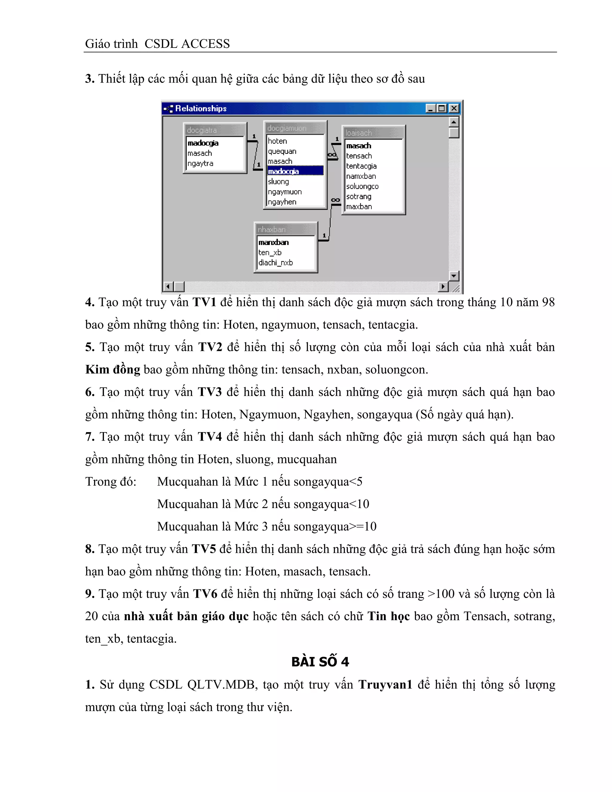 Giáo trình CSDL ACCESS
3. Thiết lập các mối quan hệ giữa các bảng dữ liệu theo sơ đồ sau
4. Tạo một truy vấn TV1 để hiển thị danh sách độc giả mượn sách trong tháng 10 năm 98
bao gồm những thông tin: Hoten, ngaymuon, tensach, tentacgia.
5. Tạo một truy vấn TV2 để hiển thị số lượng còn của mỗi loại sách của nhà xuất bản
Kim đồng bao gồm những thông tin: tensach, nxban, soluongcon.
6. Tạo một truy vấn TV3 để hiển thị danh sách những độc giả mượn sách quá hạn bao
gồm những thông tin: Hoten, Ngaymuon, Ngayhen, songayqua (Số ngày quá hạn).
7. Tạo một truy vấn TV4 để hiển thị danh sách những độc giả mượn sách quá hạn bao
gồm những thông tin Hoten, sluong, mucquahan
Trong đó: Mucquahan là Mức 1 nếu songayqua<5
Mucquahan là Mức 2 nếu songayqua<10
Mucquahan là Mức 3 nếu songayqua>=10
8. Tạo một truy vấn TV5 để hiển thị danh sách những độc giả trả sách đúng hạn hoặc sớm
hạn bao gồm những thông tin: Hoten, masach, tensach.
9. Tạo một truy vấn TV6 để hiển thị những loại sách có số trang >100 và số lượng còn là
20 của nhà xuất bản giáo dục hoặc tên sách có chữ Tin học bao gồm Tensach, sotrang,
ten_xb, tentacgia.
BÀI SỐ 4
1. Sử dụng CSDL QLTV.MDB, tạo một truy vấn Truyvan1 để hiển thị tổng số lượng
mượn của từng loại sách trong thư viện.
 
