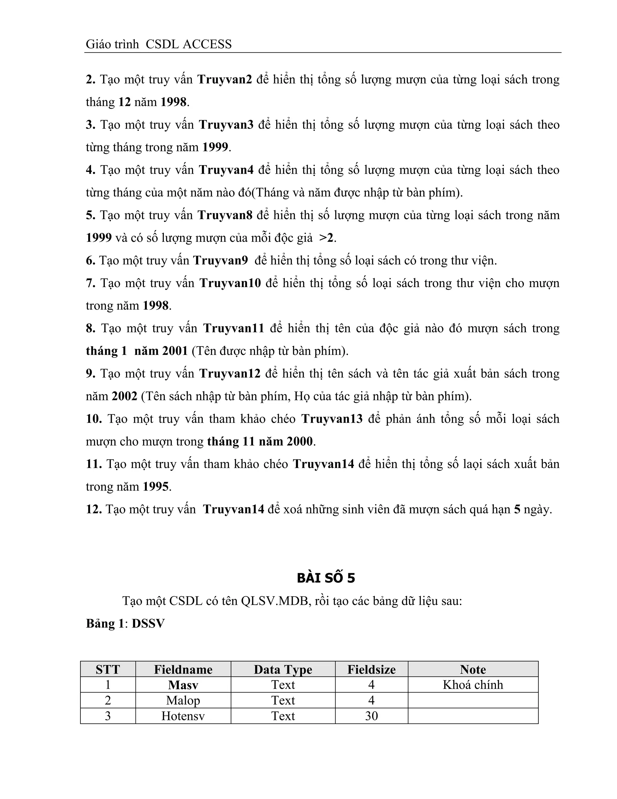 Giáo trình CSDL ACCESS
2. Tạo một truy vấn Truyvan2 để hiển thị tổng số lượng mượn của từng loại sách trong
tháng 12 năm 1998.
3. Tạo một truy vấn Truyvan3 để hiển thị tổng số lượng mượn của từng loại sách theo
từng tháng trong năm 1999.
4. Tạo một truy vấn Truyvan4 để hiển thị tổng số lượng mượn của từng loại sách theo
từng tháng của một năm nào đó(Tháng và năm được nhập từ bàn phím).
5. Tạo một truy vấn Truyvan8 để hiển thị số lượng mượn của từng loại sách trong năm
1999 và có số lượng mượn của mỗi độc giả >2.
6. Tạo một truy vấn Truyvan9 để hiển thị tổng số loại sách có trong thư viện.
7. Tạo một truy vấn Truyvan10 để hiển thị tổng số loại sách trong thư viện cho mượn
trong năm 1998.
8. Tạo một truy vấn Truyvan11 để hiển thị tên của độc giả nào đó mượn sách trong
tháng 1 năm 2001 (Tên được nhập từ bàn phím).
9. Tạo một truy vấn Truyvan12 để hiển thị tên sách và tên tác giả xuất bản sách trong
năm 2002 (Tên sách nhập từ bàn phím, Họ của tác giả nhập từ bàn phím).
10. Tạo một truy vấn tham khảo chéo Truyvan13 để phản ánh tổng số mỗi loại sách
mượn cho mượn trong tháng 11 năm 2000.
11. Tạo một truy vấn tham khảo chéo Truyvan14 để hiển thị tổng số laọi sách xuất bản
trong năm 1995.
12. Tạo một truy vấn Truyvan14 để xoá những sinh viên đã mượn sách quá hạn 5 ngày.
BÀI SỐ 5
Tạo một CSDL có tên QLSV.MDB, rồi tạo các bảng dữ liệu sau:
Bảng 1: DSSV
STT Fieldname Data Type Fieldsize Note
1 Masv Text 4 Khoá chính
2 Malop Text 4
3 Hotensv Text 30
 