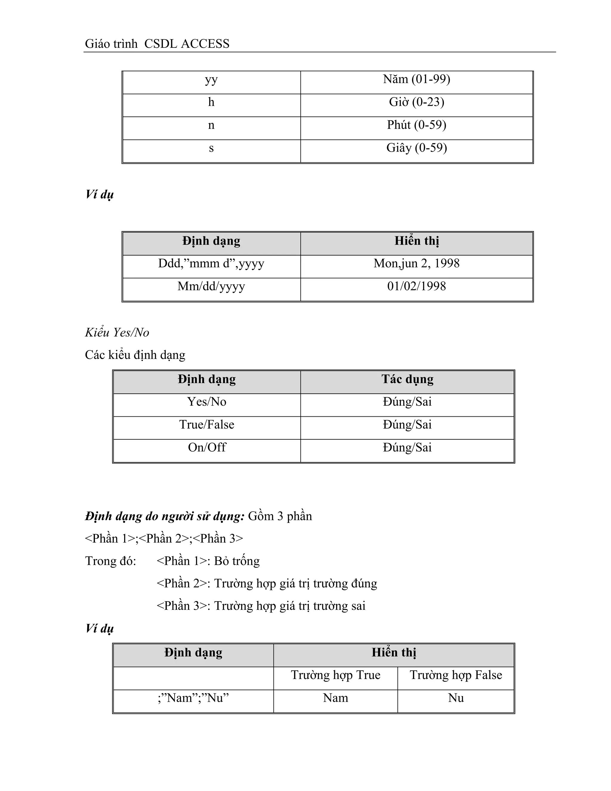 Giáo trình CSDL ACCESS
yy Năm (01-99)
h Giờ (0-23)
n Phút (0-59)
s Giây (0-59)
Ví dụ
Định dạng Hiển thị
Ddd,”mmm d”,yyyy Mon,jun 2, 1998
Mm/dd/yyyy 01/02/1998
Kiểu Yes/No
Các kiểu định dạng
Định dạng Tác dụng
Yes/No Đúng/Sai
True/False Đúng/Sai
On/Off Đúng/Sai
Định dạng do người sử dụng: Gồm 3 phần
<Phần 1>;<Phần 2>;<Phần 3>
Trong đó: <Phần 1>: Bỏ trống
<Phần 2>: Trường hợp giá trị trường đúng
<Phần 3>: Trường hợp giá trị trường sai
Ví dụ
Định dạng Hiển thị
Trường hợp True Trường hợp False
;”Nam”;”Nu” Nam Nu
 