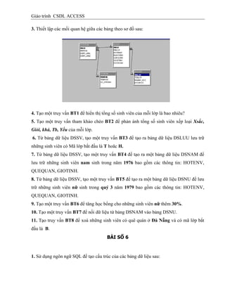 Giáo trình CSDL ACCESS
3. Thiết lập các mối quan hệ giữa các bảng theo sơ đồ sau:
4. Tạo một truy vấn BT1 để hiển thị tổng số sinh viên của mỗi lớp là bao nhiêu?
5. Tạo một truy vấn tham khảo chéo BT2 để phản ánh tổng số sinh viên xếp loại Xsắc,
Giỏi, khá, Tb, Yếu của mỗi lớp.
6. Từ bảng dữ liệu DSSV, tạo một truy vấn BT3 để tạo ra bảng dữ liệu DSLUU lưu trữ
những sinh viên có Mã lớp bắt đầu là T hoăc H.
7. Từ bảng dữ liệu DSSV, tạo một truy vấn BT4 để tạo ra một bảng dữ liệu DSNAM để
lưu trữ những sinh viên nam sinh trong năm 1976 bao gồm các thông tin: HOTENV,
QUEQUAN, GIOTINH.
8. Từ bảng dữ liệu DSSV, tạo một truy vấn BT5 để tạo ra một bảng dữ liệu DSNU để lưu
trữ những sinh viên nữ sinh trong quý 3 năm 1979 bao gồm các thông tin: HOTENV,
QUEQUAN, GIOTINH.
9. Tạo một truy vấn BT6 để tăng học bổng cho những sinh viên nữ thêm 30%.
10. Tạo một truy vấn BT7 để nối dữ liệu từ bảng DSNAM vào bảng DSNU.
11. Tạo truy vấn BT8 để xoá những sinh viên có quê quán ở Đà Nẵng và có mã lớp bắt
đầu là B.
BÀI SỐ 6
1. Sử dụng ngôn ngữ SQL để tạo cấu trúc của các bảng dữ liệu sau:
 