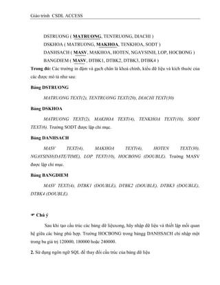 Giáo trình CSDL ACCESS
DSTRUONG ( MATRUONG, TENTRUONG, DIACHI )
DSKHOA ( MATRUONG, MAKHOA, TENKHOA, SODT )
DANHSACH ( MASV, MAKHOA, HOTEN, NGAYSINH, LOP, HOCBONG )
BANGDIEM ( MASV, DTBK1, DTBK2, DTBK3, DTBK4 )
Trong đó: Các trường in đậm và gạch chân là khoá chính, kiểu dữ liệu và kích thuớc của
các được mô tả như sau:
Bảng DSTRUONG
MATRUONG TEXT(2), TENTRUONG TEXT(20), DIACHI TEXT(30)
Bảng DSKHOA
MATRUONG TEXT(2), MAKHOA TEXT(4), TENKHOA TEXT(10), SODT
TEXT(6). Trường SODT được lập chỉ mục.
Bảng DANHSACH
MASV TEXT(4), MAKHOA TEXT(4), HOTEN TEXT(30),
NGAYSINH(DATE/TIME), LOP TEXT(10), HOCBONG (DOUBLE). Trường MASV
được lập chỉ mục.
Bảng BANGDIEM
MASV TEXT(4), DTBK1 (DOUBLE), DTBK2 (DOUBLE), DTBK3 (DOUBLE),
DTBK4 (DOUBLE).
 Chú ý
Sau khi tạo cấu trúc các bảng dữ liệuxong, hãy nhập dữ liệu và thiết lập mối quan
hệ giữa các bảng phù hợp. Trường HOCBONG trong bảngg DANHSACH chỉ nhập một
trong ba giá trị 120000, 180000 hoặc 240000.
2. Sử dụng ngôn ngữ SQL để thay đổi cấu trúc của bảng dữ liệu
 
