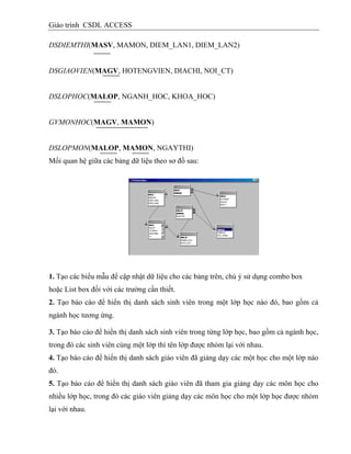 Giáo trình CSDL ACCESS
DSDIEMTHI(MASV, MAMON, DIEM_LAN1, DIEM_LAN2)
DSGIAOVIEN(MAGV, HOTENGVIEN, DIACHI, NOI_CT)
DSLOPHOC(MALOP, NGANH_HOC, KHOA_HOC)
GVMONHOC(MAGV, MAMON)
DSLOPMON(MALOP, MAMON, NGAYTHI)
Mối quan hệ giữa các bảng dữ liệu theo sơ đồ sau:
1. Tạo các biểu mẫu để cập nhật dữ liệu cho các bảng trên, chú ý sử dụng combo box
hoặc List box đối với các trường cần thiết.
2. Tạo báo cáo để hiển thị danh sách sinh viên trong một lớp học nào đó, bao gồm cả
ngành học tương ứng.
3. Tạo báo cáo để hiển thị danh sách sinh viên trong từng lớp học, bao gồm cả ngành học,
trong đó các sinh viên cùng một lớp thì tên lớp được nhóm lại với nhau.
4. Tạo báo cáo để hiển thị danh sách giáo viên đã giảng dạy các một học cho một lớp nào
đó.
5. Tạo báo cáo để hiển thị danh sách giáo viên đã tham gia giảng dạy các môn học cho
nhiều lớp học, trong đó các giáo viên giảng dạy các môn học cho một lớp học được nhóm
lại với nhau.
 