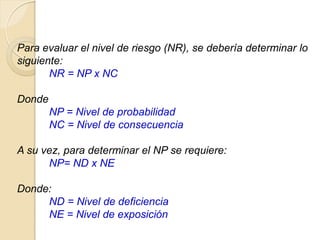 Para evaluar el nivel de riesgo (NR), se debería determinar lo
siguiente:
NR = NP x NC
Donde
NP = Nivel de probabilidad
NC = Nivel de consecuencia
A su vez, para determinar el NP se requiere:
NP= ND x NE
Donde:
ND = Nivel de deficiencia
NE = Nivel de exposición
 