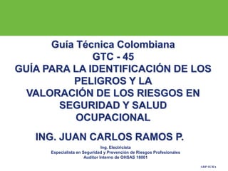 ARP SURA
Guía Técnica Colombiana
GTC - 45
GUÍA PARA LA IDENTIFICACIÓN DE LOS
PELIGROS Y LA
VALORACIÓN DE LOS RIESGOS EN
SEGURIDAD Y SALUD
OCUPACIONAL
ING. JUAN CARLOS RAMOS P.
Ing. Electricista
Especialista en Seguridad y Prevención de Riesgos Profesionales
Auditor Interno de OHSAS 18001
 