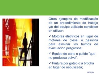 ARP SURA
Otros ejemplos de modificación
de un procedimiento de trabajo
y/o del equipo utilizado consisten
en utilizar:
 Motores eléctricos en lugar de
motores de diesel o gasolina
para eliminar los humos de
evacuación peligrosos;
 Equipo de corte o pulido "que
no produzca polvo";
 Pintura por goteo o a brocha
en lugar de nebulizada;
 