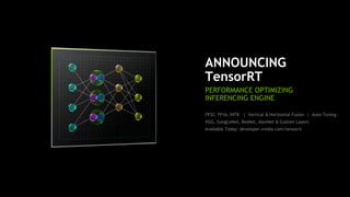 23
ANNOUNCING
TensorRT
PERFORMANCE OPTIMIZING
INFERENCING ENGINE
FP32, FP16, INT8 | Vertical & Horizontal Fusion | Auto-Tuning
VGG, GoogLeNet, ResNet, AlexNet & Custom Layers
Available Today: developer.nvidia.com/tensorrt
 