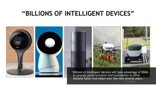 30
“BILLIONS OF INTELLIGENT DEVICES”
“Billions of intelligent devices will take advantage of DNNs
to provide personalization and localization as GPUs
become faster and faster over the next several years.”
— Tractica
 