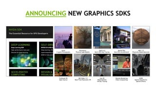 5
ANNOUNCING NEW GRAPHICS SDKS
Funhouse VR
Open Source
360 Video 1.0
Real-Time Panoramic VR
Iray VR
Photorealistic
VR Ray Tracing
GVDB
Sparse Volumes for
Special Effects
Remote Rendering
Video Compositing
Ansel
In-game Photography
Volumetric
Physical Light Models
OptiX 4.0
Multi-GPU Ray-Tracing
MDL 1.0
Physically Based Materials
Mental Ray
Now GPU-Accelerated!
 