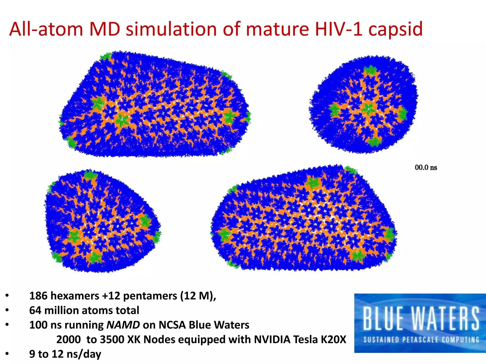 All-atom MD simulation of mature HIV-1 capsid

•
•
•
•

186 hexamers +12 pentamers (12 M),
64 million atoms total
100 ns running NAMD on NCSA Blue Waters
2000 to 3500 XK Nodes equipped with NVIDIA Tesla K20X
9 to 12 ns/day

 