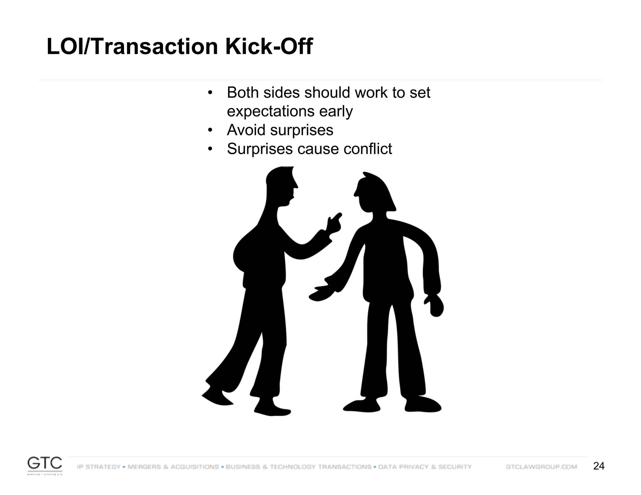24
LOI/Transaction Kick-Off
• Both sides should work to set
expectations early
• Avoid surprises
• Surprises cause conflict
 