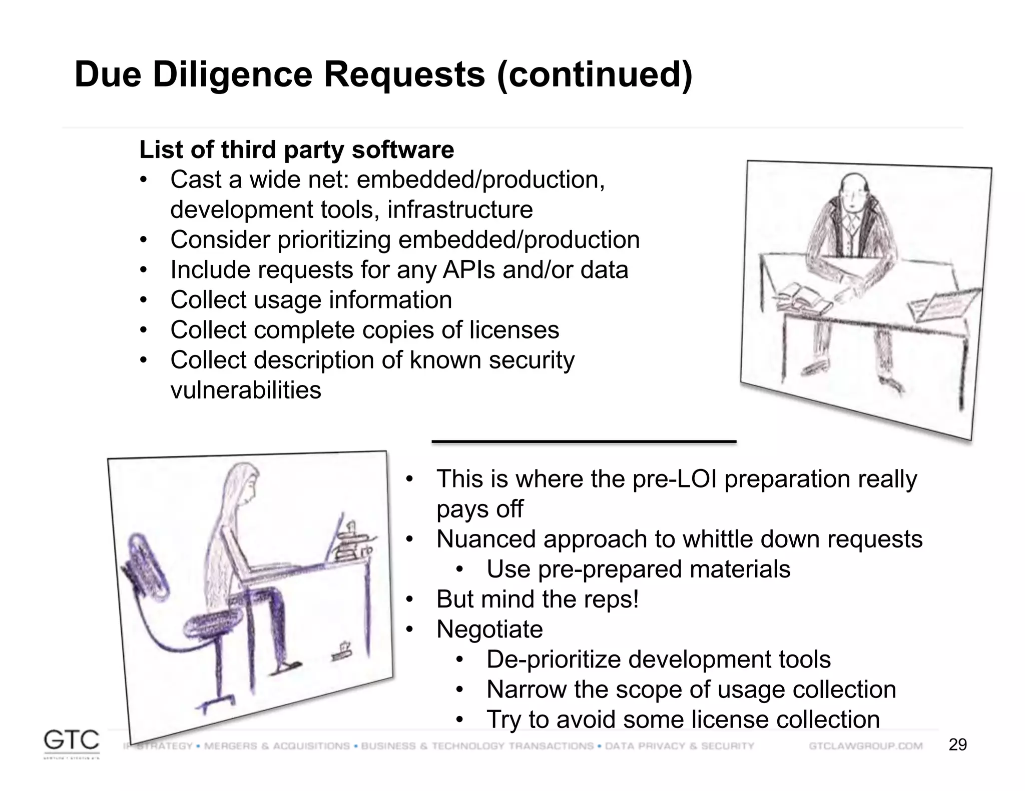 29
Due Diligence Requests (continued)
• This is where the pre-LOI preparation really
pays off
• Nuanced approach to whittle down requests
• Use pre-prepared materials
• But mind the reps!
• Negotiate
• De-prioritize development tools
• Narrow the scope of usage collection
• Try to avoid some license collection
List of third party software
• Cast a wide net: embedded/production,
development tools, infrastructure
• Consider prioritizing embedded/production
• Include requests for any APIs and/or data
• Collect usage information
• Collect complete copies of licenses
• Collect description of known security
vulnerabilities
 