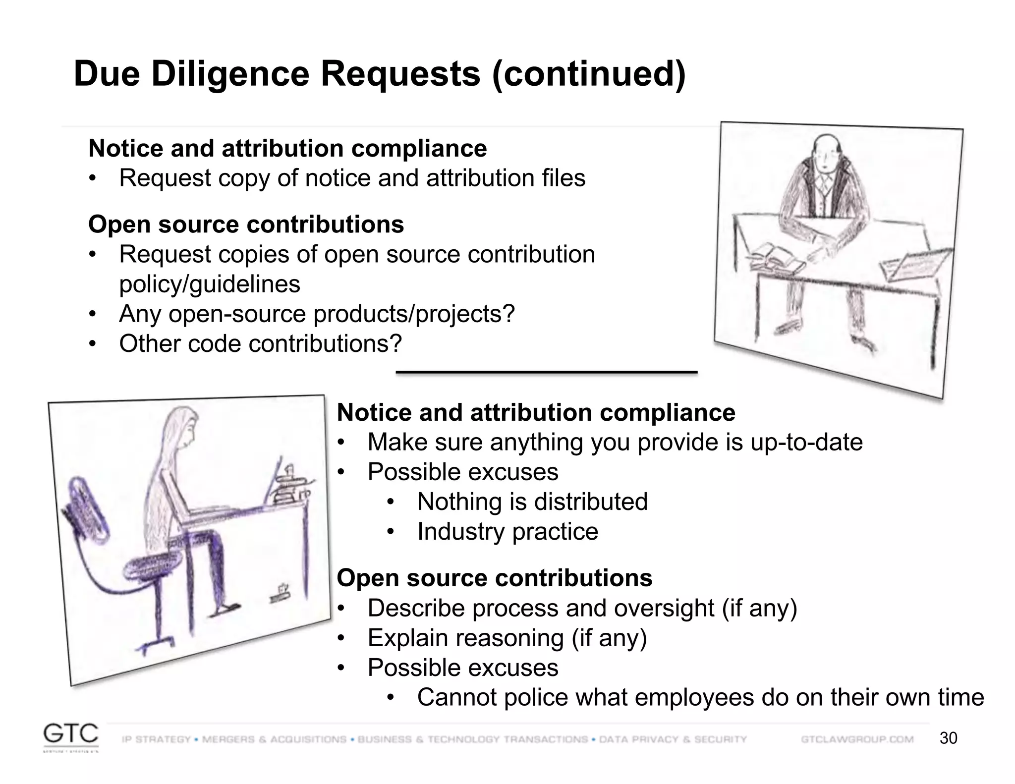 30
Due Diligence Requests (continued)
Notice and attribution compliance
• Make sure anything you provide is up-to-date
• Possible excuses
• Nothing is distributed
• Industry practice
Open source contributions
• Describe process and oversight (if any)
• Explain reasoning (if any)
• Possible excuses
• Cannot police what employees do on their own time
Notice and attribution compliance
• Request copy of notice and attribution files
Open source contributions
• Request copies of open source contribution
policy/guidelines
• Any open-source products/projects?
• Other code contributions?
 