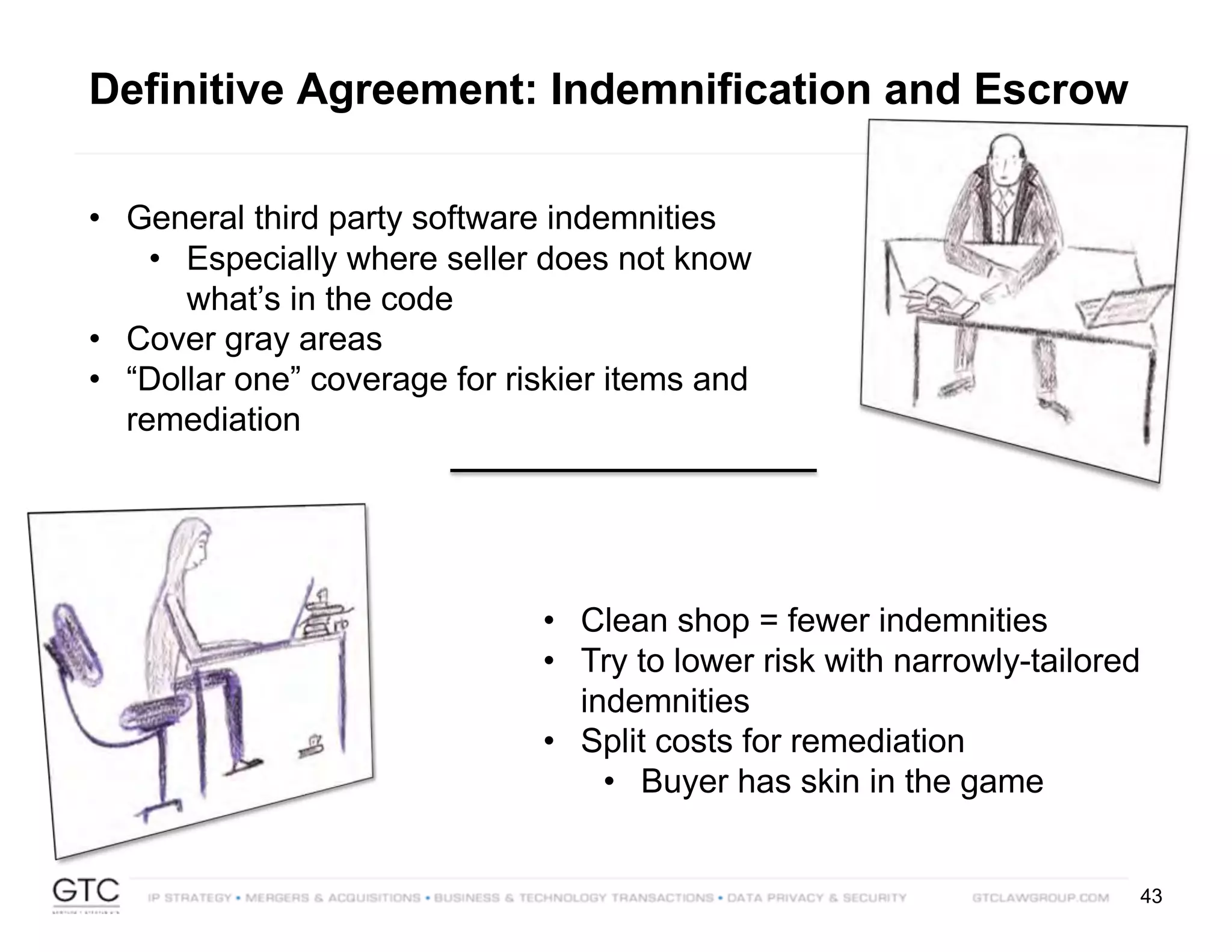 43
Definitive Agreement: Indemnification and Escrow
• General third party software indemnities
• Especially where seller does not know
what’s in the code
• Cover gray areas
• “Dollar one” coverage for riskier items and
remediation
• Clean shop = fewer indemnities
• Try to lower risk with narrowly-tailored
indemnities
• Split costs for remediation
• Buyer has skin in the game
 