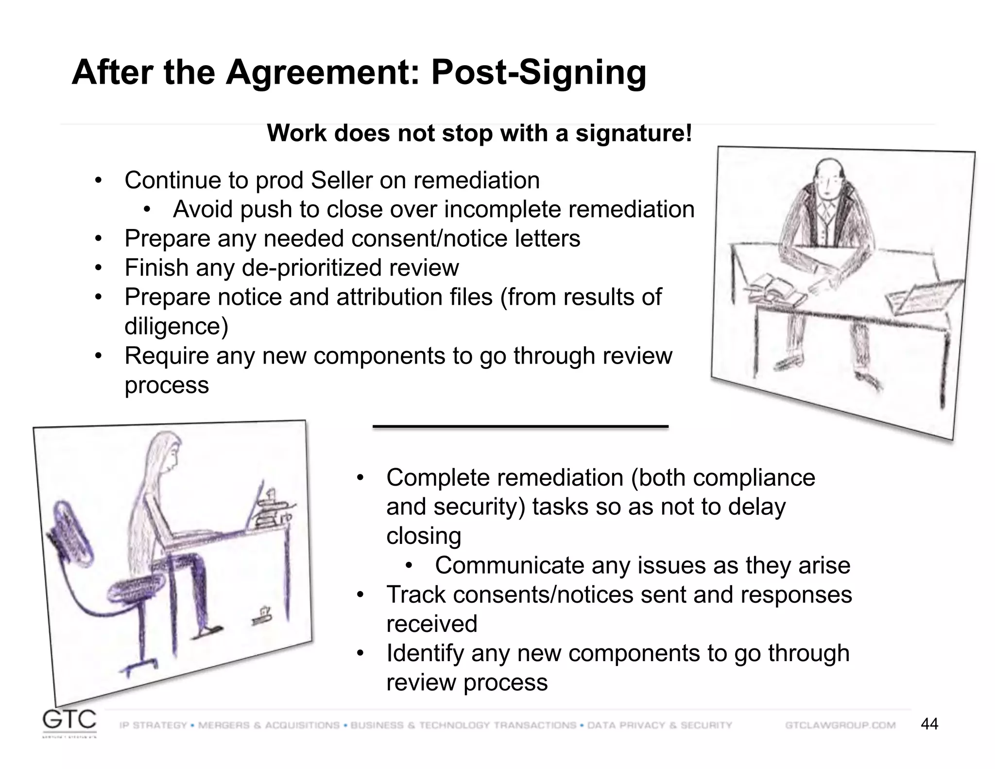 44
After the Agreement: Post-Signing
• Continue to prod Seller on remediation
• Avoid push to close over incomplete remediation
• Prepare any needed consent/notice letters
• Finish any de-prioritized review
• Prepare notice and attribution files (from results of
diligence)
• Require any new components to go through review
process
Work does not stop with a signature!
• Complete remediation (both compliance
and security) tasks so as not to delay
closing
• Communicate any issues as they arise
• Track consents/notices sent and responses
received
• Identify any new components to go through
review process
 