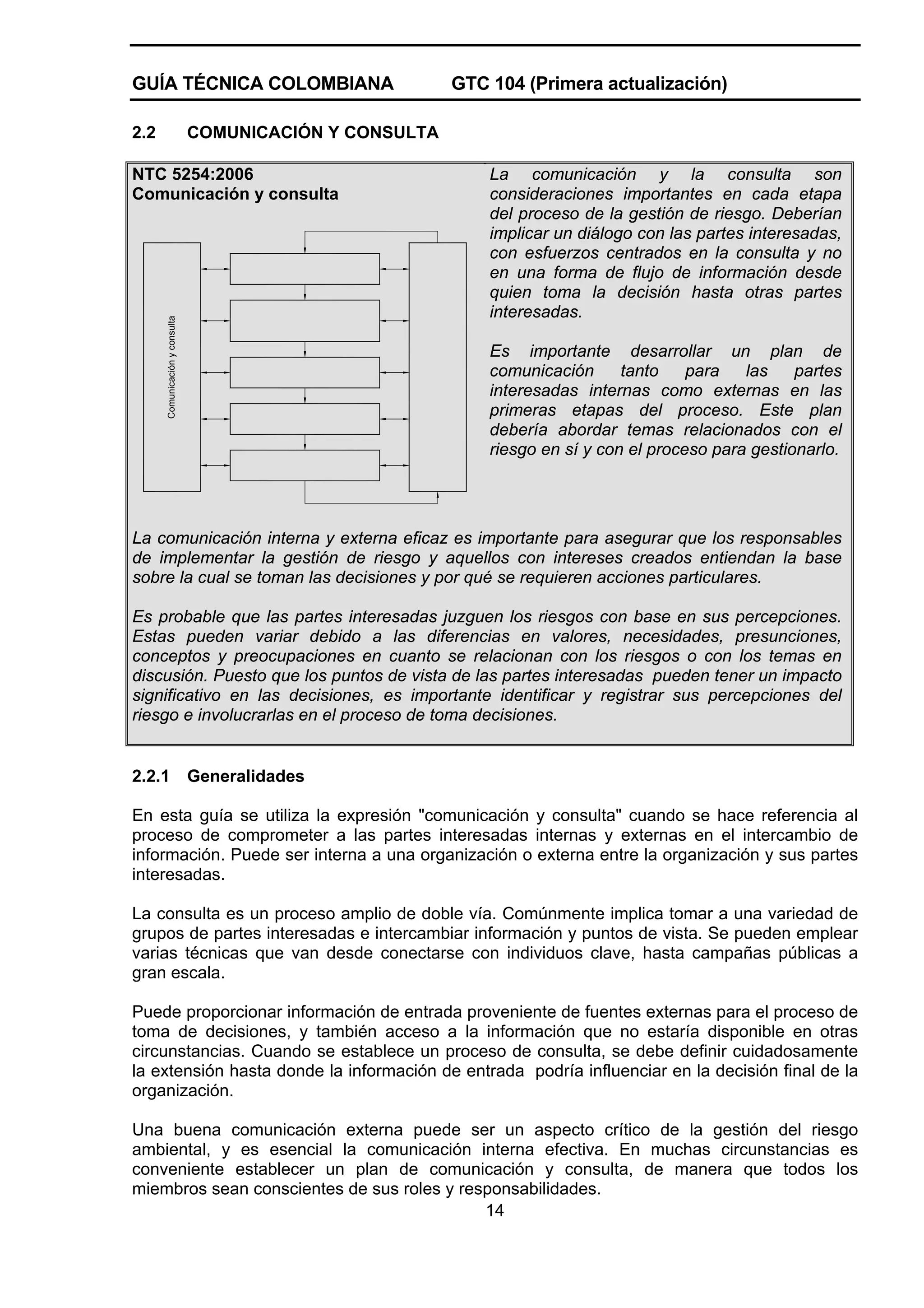 GUÍA TÉCNICA COLOMBIANA
2.2

GTC 104 (Primera actualización)

COMUNICACIÓN Y CONSULTA

Comunicación y consulta

NTC 5254:2006
Comunicación y consulta

La comunicación y la consulta son
consideraciones importantes en cada etapa
del proceso de la gestión de riesgo. Deberían
implicar un diálogo con las partes interesadas,
con esfuerzos centrados en la consulta y no
en una forma de flujo de información desde
quien toma la decisión hasta otras partes
interesadas.
Es importante desarrollar un plan de
comunicación
tanto
para
las
partes
interesadas internas como externas en las
primeras etapas del proceso. Este plan
debería abordar temas relacionados con el
riesgo en sí y con el proceso para gestionarlo.

La comunicación interna y externa eficaz es importante para asegurar que los responsables
de implementar la gestión de riesgo y aquellos con intereses creados entiendan la base
sobre la cual se toman las decisiones y por qué se requieren acciones particulares.
Es probable que las partes interesadas juzguen los riesgos con base en sus percepciones.
Estas pueden variar debido a las diferencias en valores, necesidades, presunciones,
conceptos y preocupaciones en cuanto se relacionan con los riesgos o con los temas en
discusión. Puesto que los puntos de vista de las partes interesadas pueden tener un impacto
significativo en las decisiones, es importante identificar y registrar sus percepciones del
riesgo e involucrarlas en el proceso de toma decisiones.

2.2.1

Generalidades

En esta guía se utiliza la expresión "comunicación y consulta" cuando se hace referencia al
proceso de comprometer a las partes interesadas internas y externas en el intercambio de
información. Puede ser interna a una organización o externa entre la organización y sus partes
interesadas.
La consulta es un proceso amplio de doble vía. Comúnmente implica tomar a una variedad de
grupos de partes interesadas e intercambiar información y puntos de vista. Se pueden emplear
varias técnicas que van desde conectarse con individuos clave, hasta campañas públicas a
gran escala.
Puede proporcionar información de entrada proveniente de fuentes externas para el proceso de
toma de decisiones, y también acceso a la información que no estaría disponible en otras
circunstancias. Cuando se establece un proceso de consulta, se debe definir cuidadosamente
la extensión hasta donde la información de entrada podría influenciar en la decisión final de la
organización.
Una buena comunicación externa puede ser un aspecto crítico de la gestión del riesgo
ambiental, y es esencial la comunicación interna efectiva. En muchas circunstancias es
conveniente establecer un plan de comunicación y consulta, de manera que todos los
miembros sean conscientes de sus roles y responsabilidades.
14

 
