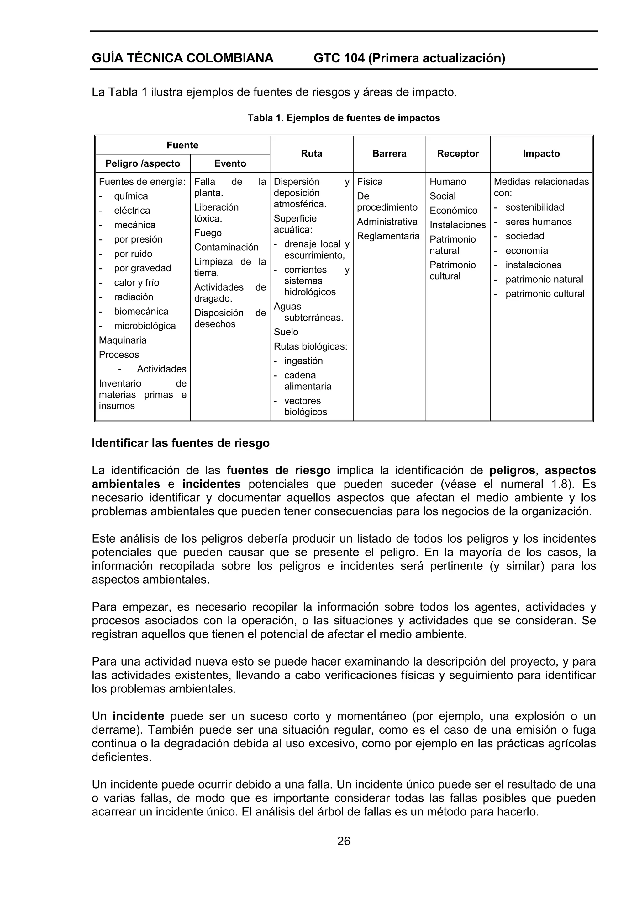 GUÍA TÉCNICA COLOMBIANA

GTC 104 (Primera actualización)

La Tabla 1 ilustra ejemplos de fuentes de riesgos y áreas de impacto.
Tabla 1. Ejemplos de fuentes de impactos
Fuente

Ruta

Peligro /aspecto
Fuentes de energía:
- química
- eléctrica
- mecánica
- por presión
- por ruido
- por gravedad
- calor y frío
- radiación
- biomecánica
- microbiológica
Maquinaria
Procesos
Actividades
Inventario
de
materias primas e
insumos

Falla
de
la
planta.
Liberación
tóxica.
Fuego
Contaminación
Limpieza de la
tierra.
Actividades de
dragado.
Disposición de
desechos

Barrera

Receptor

Impacto

Dispersión
y
deposición
atmosférica.
Superficie
acuática:
- drenaje local y
escurrimiento,
- corrientes
y
sistemas
hidrológicos
Aguas
subterráneas.
Suelo
Rutas biológicas:
- ingestión
- cadena
alimentaria
- vectores
biológicos

Física
De
procedimiento
Administrativa
Reglamentaria

Humano
Social
Económico
Instalaciones
Patrimonio
natural
Patrimonio
cultural

Medidas relacionadas
con:
- sostenibilidad
- seres humanos
- sociedad
- economía
- instalaciones
- patrimonio natural
- patrimonio cultural

Evento

Identificar las fuentes de riesgo
La identificación de las fuentes de riesgo implica la identificación de peligros, aspectos
ambientales e incidentes potenciales que pueden suceder (véase el numeral 1.8). Es
necesario identificar y documentar aquellos aspectos que afectan el medio ambiente y los
problemas ambientales que pueden tener consecuencias para los negocios de la organización.
Este análisis de los peligros debería producir un listado de todos los peligros y los incidentes
potenciales que pueden causar que se presente el peligro. En la mayoría de los casos, la
información recopilada sobre los peligros e incidentes será pertinente (y similar) para los
aspectos ambientales.
Para empezar, es necesario recopilar la información sobre todos los agentes, actividades y
procesos asociados con la operación, o las situaciones y actividades que se consideran. Se
registran aquellos que tienen el potencial de afectar el medio ambiente.
Para una actividad nueva esto se puede hacer examinando la descripción del proyecto, y para
las actividades existentes, llevando a cabo verificaciones físicas y seguimiento para identificar
los problemas ambientales.
Un incidente puede ser un suceso corto y momentáneo (por ejemplo, una explosión o un
derrame). También puede ser una situación regular, como es el caso de una emisión o fuga
continua o la degradación debida al uso excesivo, como por ejemplo en las prácticas agrícolas
deficientes.
Un incidente puede ocurrir debido a una falla. Un incidente único puede ser el resultado de una
o varias fallas, de modo que es importante considerar todas las fallas posibles que pueden
acarrear un incidente único. El análisis del árbol de fallas es un método para hacerlo.
26

 