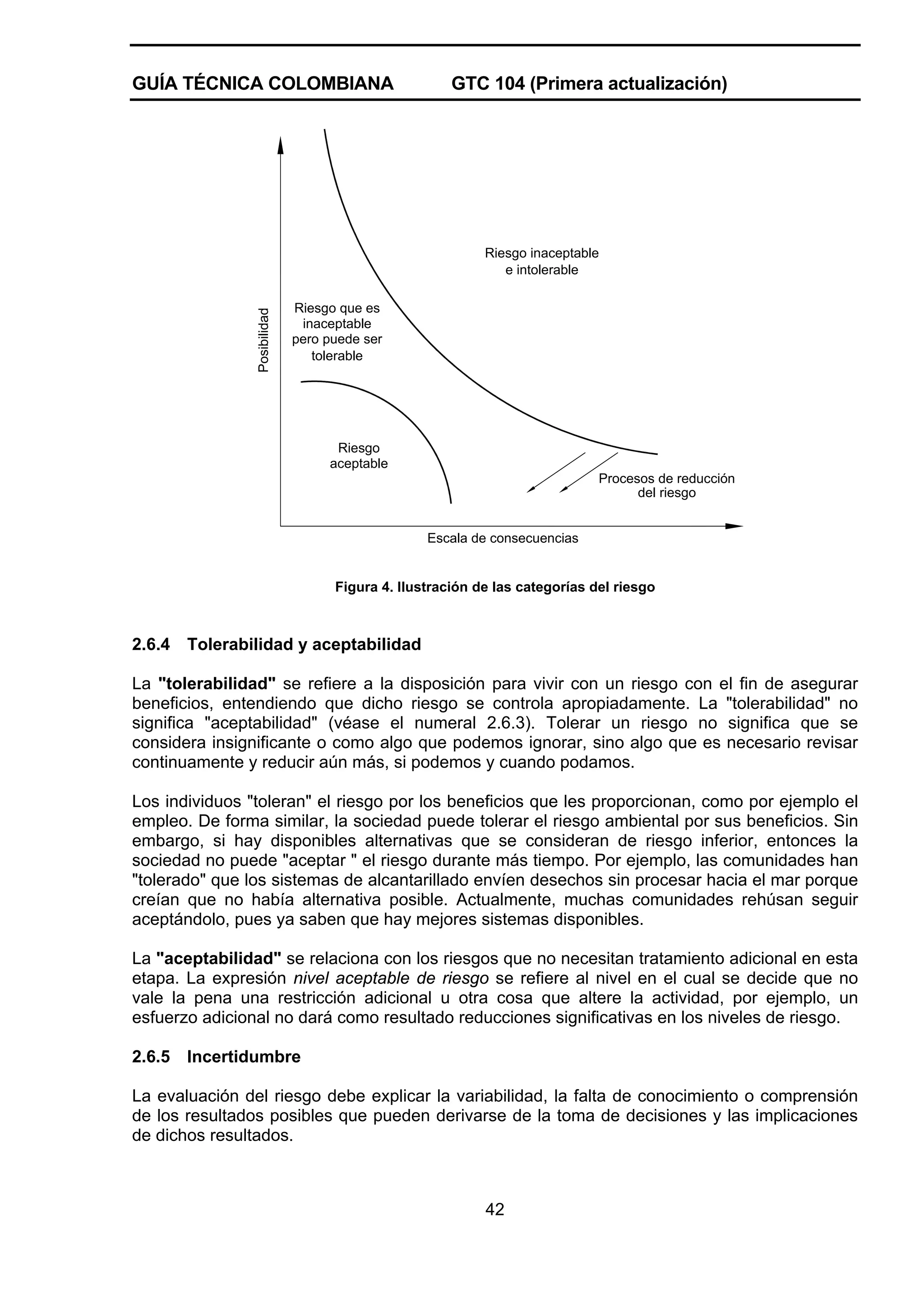 GUÍA TÉCNICA COLOMBIANA

GTC 104 (Primera actualización)

Posibilidad

Riesgo inaceptable
e intolerable
Riesgo que es
inaceptable
pero puede ser
tolerable

Riesgo
aceptable
Procesos de reducción
del riesgo
Escala de consecuencias

Figura 4. Ilustración de las categorías del riesgo

2.6.4

Tolerabilidad y aceptabilidad

La "tolerabilidad" se refiere a la disposición para vivir con un riesgo con el fin de asegurar
beneficios, entendiendo que dicho riesgo se controla apropiadamente. La "tolerabilidad" no
significa "aceptabilidad" (véase el numeral 2.6.3). Tolerar un riesgo no significa que se
considera insignificante o como algo que podemos ignorar, sino algo que es necesario revisar
continuamente y reducir aún más, si podemos y cuando podamos.
Los individuos "toleran" el riesgo por los beneficios que les proporcionan, como por ejemplo el
empleo. De forma similar, la sociedad puede tolerar el riesgo ambiental por sus beneficios. Sin
embargo, si hay disponibles alternativas que se consideran de riesgo inferior, entonces la
sociedad no puede "aceptar " el riesgo durante más tiempo. Por ejemplo, las comunidades han
"tolerado" que los sistemas de alcantarillado envíen desechos sin procesar hacia el mar porque
creían que no había alternativa posible. Actualmente, muchas comunidades rehúsan seguir
aceptándolo, pues ya saben que hay mejores sistemas disponibles.
La "aceptabilidad" se relaciona con los riesgos que no necesitan tratamiento adicional en esta
etapa. La expresión nivel aceptable de riesgo se refiere al nivel en el cual se decide que no
vale la pena una restricción adicional u otra cosa que altere la actividad, por ejemplo, un
esfuerzo adicional no dará como resultado reducciones significativas en los niveles de riesgo.
2.6.5

Incertidumbre

La evaluación del riesgo debe explicar la variabilidad, la falta de conocimiento o comprensión
de los resultados posibles que pueden derivarse de la toma de decisiones y las implicaciones
de dichos resultados.

42

 