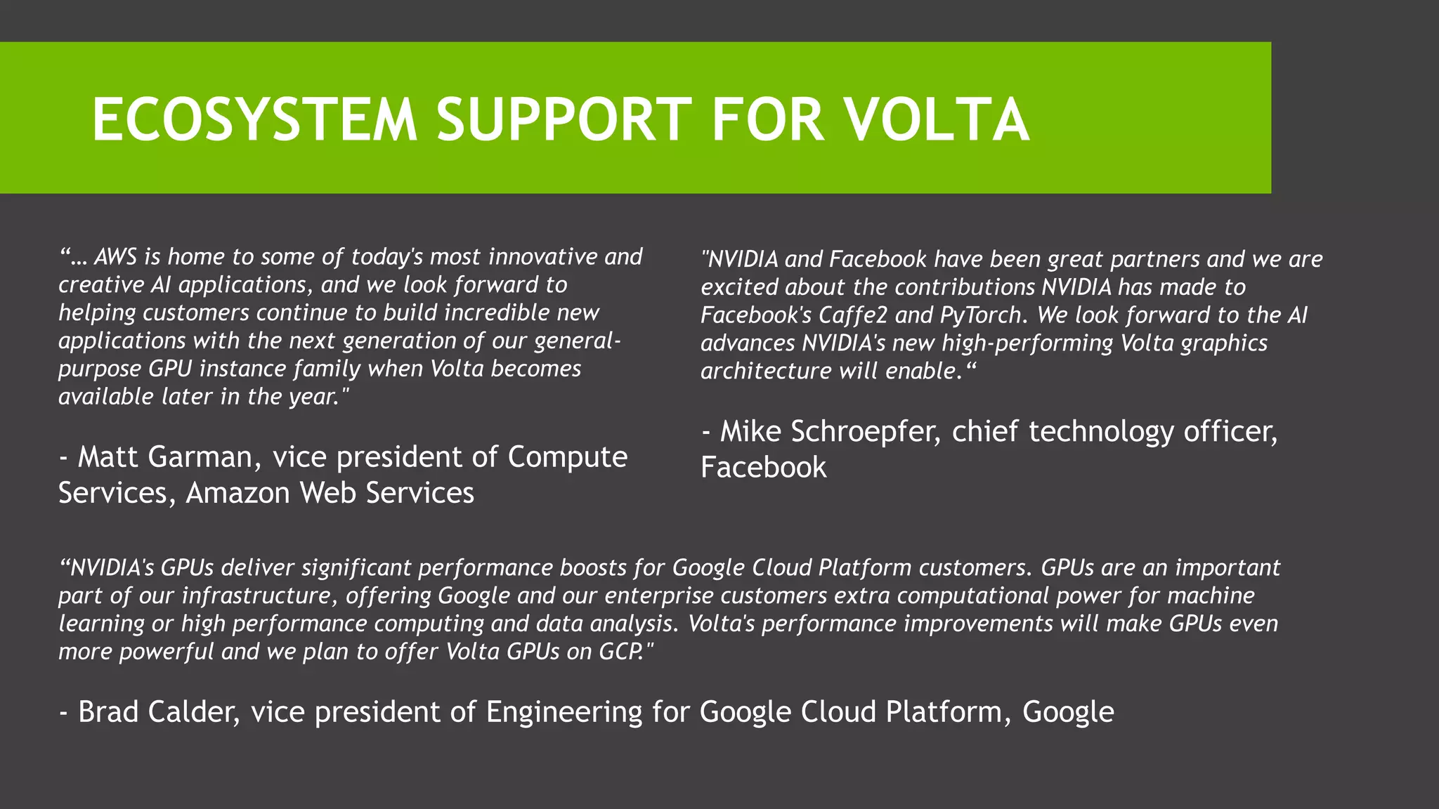 ECOSYSTEM SUPPORT FOR VOLTA
“… AWS is home to some of today's most innovative and
creative AI applications, and we look forward to
helping customers continue to build incredible new
applications with the next generation of our general-
purpose GPU instance family when Volta becomes
available later in the year."
- Matt Garman, vice president of Compute
Services, Amazon Web Services
"NVIDIA and Facebook have been great partners and we are
excited about the contributions NVIDIA has made to
Facebook's Caffe2 and PyTorch. We look forward to the AI
advances NVIDIA's new high-performing Volta graphics
architecture will enable.“
- Mike Schroepfer, chief technology officer,
Facebook
“NVIDIA's GPUs deliver significant performance boosts for Google Cloud Platform customers. GPUs are an important
part of our infrastructure, offering Google and our enterprise customers extra computational power for machine
learning or high performance computing and data analysis. Volta's performance improvements will make GPUs even
more powerful and we plan to offer Volta GPUs on GCP."
- Brad Calder, vice president of Engineering for Google Cloud Platform, Google
 