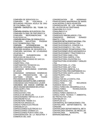 COMPAÑÍA DE SERVICIOS S.A.
COMPAÑÍA DE VIGILANCIA Y
SEGURIDAD PRIVADA AGUILA DE ORO
DE COLOMBIA LTDA.
COMPAÑÍA ENERGÉTICA DEL TOLIMA S.A.
E.S.P.
COMPAÑÍAGENERALDEPLÁSTICOSLTDA.
COMPAÑÍA GLOBAL DE PINTURAS S.A
COMPAÑÍA IBEROAMERICANA DE
PLÁSTICOS S.A.
COMPAÑÍAINDUSTRIALDECEREALESS.A.
COMPAÑÍA INDUSTRIAL PHOENIX
ELECTROMEDICINA LTDA.
COMPAÑÍA INTERAMERICANA DE
SEGURIDADYVIGILANCIAPRIVADALTDA.
COMPAÑÍA MUNDIAL DE SEGUROS S.A.
COMPAÑÍA NACIONAL DE LEVADURAS
LEVAPAN S.A.
COMPAÑIA SURAMERICANA DE
SERVICIOS DE SALUD S.A.
COMPAÑÍAS ASOCIADAS DE GAS S.A.
COMPAR LTDA.
COMPETROL LTDA.
COMPONENTES TÉCNICOS S.A.
COMPUTEL SYSTEM LTDA.
COMUNIDAD BERCHMANS COMPAÑÍA
DE JESÚS
COMUNIDAD HERMANAS DOMINICAS
DE LA PRESENTACIÓN DE LA
SANTÍSIMA VIRGEN DE TOURS
PROVIDENCIA DE MEDEL
COMUNIDADSANBARTOLOMÉLAMERCED
COMUNIDAD SAN FRANCISCO JAVIER
COMUNIDAD SAN IGNACIO COMPAÑIA DE
JESUSCOLEGIOSANIGNACIODELOYOLA
CONALQUIPO LTDA.
CONALVÍAS S.A.
CONCAUCHOS LTDA.
CONCEJO DE MEDELLÍN
CONCESIONARIA TIBITOC S.A. E.S.P.
CONCONCRETO S.A.
CONCRETERA TREMIX S.A.
CONCRETOS ARGOS S.A.
CONDUCTORES ELÉCTRICOS
CONDUBLEX S.A.
CONFECCIONES ELÉCTRICAS S.A
CONFECCIONES LEONISA S.A.
CONFECCIONES PUNTO CIEN LTDA.
CONFEDERACIÓN DE LA INDUSTRIA Y
COMERCIO DEL GAS
CONGREGACION DE HERMANAS
FRANCISCANAS MISIONERAS DE MARÍA
AUXILIADORA CLÍNICA ASUNCIÓN
CONGREGACIÓN DE LOS HERMANOS
DE LAS ESCUELAS CRISTIANAS
CONHYDRA S.A. E.S.P.
CONQUÍMICA S.A.
CONSENSO S.A.
CONSERJES INMOBILIARIOS LTDA.
CONSORCIO DIMOGAS DONADO
DIMATIC LTDA.
CONSORCIOMETALÚRGICONACIONALLTDA.
CONSTRUCCIONES DAYKA LTDA.
CONSTRUCCIONES EL CÓNDOR S.A.
CONSTRUCCIONES S. Y M. LTDA.
CONSTRUCCIONES TECNIFICADAS LTDA.
CONSTRUCCIONES VÉLEZ ASOCIADOS S.A.
CONSTRUCCIONES Y TRACTORES S.A.
CONSTRUCTORA CAMU LTDA.
CONSTRUCTORA CARPOL LTDA.
CONSTRUCTORA COLPATRIA S.A.
CONSTRUCTORA ECHEVERRI Y GIRALDO
LTDA.
CONSTRUCTORA J.C. LTDA.
CONSTRUCTORA JAP LTDA.
CONSTRUCTORA OBREVAL S.A.
CONSTRUCTORA PRECOMPRIMIDOS S.A.
CONSTRUCTORA SANTA LUCIA LTDA.
CONSTRUIRTE LTDA.
CONSULTANT
CONSULTAR DE LA COSTA LTDA.
CONSULTÉCNICA LTDA.
CONSULTORA DE RECURSOS
HUMANOS NEXO LTDA.
CONSULTORES DEL DESARROLLO S.A.
CONSULTORES TECNÓLOGICOS
ASOCIADOS LTDA.
CONSULTORES UNIDOS S.A.
CONSULTORÍA TÉCNICA Y AMBIENTAL
DE PROYECTOS LTDA.
CONTABLER S.A
CONTIFLEX S.A.
CONTINENTAL DE FUMIGACIONES LTDA.
CONTRALORÍA DEPARTAMENTAL DE
CÓRDOBA
CONTRALORÍA DEPARTAMENTAL META
CONTRALORÍA GENERAL DE MEDELLÍN
CONTRALORÍA MUNICIPAL DE
BARRANCABERMEJA
 