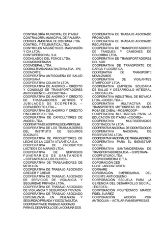 CONTRALORÍA MUNICIPAL DE ITAGUI
CONTRALORÍA MUNICIPAL DE PALMIRA
CONTROLAMBIENTALDECOLOMBIALTDA.
CONTROL Y TELEMÁTICA LTDA.
CONTROLES MAGNÉTICOS MAGIVISIÓN
Y CÍA LTDA.
CONTUPERSONAL S.A.
COOHILADOS DEL FONCE LTDA.
COOMODISERMAN
COOMOEPAL LTDA.
COOMULTRASAN MULTIACTIVA LTDA. - IPS
COONORTE
COOPERATIVA ANTIOQUEÑA DE SALUD
COOPSANA
COOPERATIVA COLANTA LTDA.
COOPERATIVA DE AHORRO – CRÉDITO
Y CONSUMO DE TRANSPORTADORES
ANTIOQUEÑOS –COOACTRA–
COOPERATIVA DE AHORRO Y CRÉDITO
DE TRABAJADORES ACTIVOS Y
J UBI LADO S DE ECO PET RO L –
COPACRÉDITO LTDA.–
COOPERATIVA DE AHORRO Y CRÉDITO
FINCOMERCIO LTDA.
COOPERATIVA DE CAFICULTORES DE
ANDES LTDA.
COOPERATIVADEHOSPITALESDEANTIOQUIA
COOPERATIVA DE LOS TRABAJADORES
DEL INSTITUTO DE SEGUROS
SOCIALES
COOPERATIVA DE PRODUCTORES DE
LECHE DE LA COSTA ATLÁNTICA S.A.
COOPERATIVA DE PRODUCTOS
LÁCTEOS DE NARIÑO LTDA.
COOPERATIVA DE SERVICIOS
F U N E R A R I O S D E S A N T A N D E R
– COFUNERARIA LOS OLIVOS–
COOPERATIVA DE TRABAJADORES DE
MEDELLÍN
COOPERATIVA DE TRABAJO ASOCIADO
CRECER Y CREAR
COOPERATIVA DE TRABAJO ASOCIADO
DE SERVICIOS DE VIGILANCIA Y
SEGURIDAD PRIVADA LTDA.
COOPERATIVA DE TRABAJO ASOCIADO
DE VIGILANCIA Y SEGURIDAD PRIVADA
COOPERATIVA DE TRABAJO ASOCIADO
ESPECIALIZADA EN VIGILANCIA Y
SEGURIDADPRIVADAYESCOLTASLTDA.
COOPERATIVADETRABAJOASOCIADO
PARAELDESARROLLODELACOMUNADOS
COOPERATIVA DE TRABAJO ASOCIADO
PROMOVER
COOPERATIVA DE TRABAJO ASOCIADO
RECUPERAR
COOPERATIVA DE TRANSPORTADORES
DE TANQUES Y CAMIONES DE
COLOMBIA LTDA.
COOPERATIVA DE TRANSPORTADORES
DEL SUR
COOPERATIVA DE TRANSPORTE DE
CARGA Y LOGÍSTICA
COOPERATIVA DE TRANSPORTE
MOVILIZAMOS
COOPERATIVA DE VIGILANTES
STARPCOOP LTDA.
COOPERATIVA EMPRESA SOLIDARIA
DE SALUD Y DESARROLLO INTEGRAL
– COOSALUD–
COOPERATIVA INDUSTRIAL DE BOYACÁ
LTDA.–CIDEB LTDA.–
COOPERATIVA MULTIACTIVA DE
TRANSPORTES MOTORISTAS DE SANTA
ROSA DE CABAL –MOSARCOOP–
COOPERATIVA MULTIACTIVA PARA LA
EDUCACIÓN DE ITAGUI –COOMEI–
COOPERATIVA MULTISERVICIOS
COOTRACOLTA LTDA.
COOPERATIVANACIONALDEODONTÓLOGOS
COOPERATIVA NACIONAL DE
RESERVISTAS LTDA.
COOPERATIVANACIONALDETRABAJADORES
COOPERATIVA PARA EL BIENESTAR
SOCIAL
COOPERATIVA SANTANDEREANA DE
TRANSPORTADORESLTDA. – COPETRAN–
COOPFUTURO LTDA.
COOVICOMBEIMA C.T.A.
COPORACIÓN CED
CORE LABORATORIES
CORNARE
CORORACIÓN EMPRESARIAL DEL
ORIENTE ANTIOQUEÑO
CORPORACIÓN ESCUELA PARA LA
GERENCIA DEL DESARROLLO SOCIAL.
–EGEDES–
CORPORACIÓN POLITÉCNICO MARCO
FIDEL SUÁREZ
CORPORACIÓN ACCIÓN POR
ANTIOQUIA – ACTUAR FAMIEMPRESAS
 