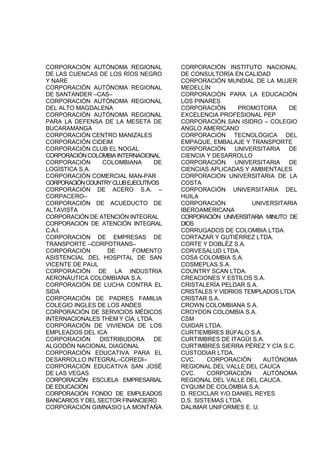 CORPORACIÓN AUTÓNOMA REGIONAL
DE LAS CUENCAS DE LOS RÍOS NEGRO
Y NARE
CORPORACIÓN AUTÓNOMA REGIONAL
DE SANTANDER –CAS–
CORPORACIÓN AUTÓNOMA REGIONAL
DEL ALTO MAGDALENA
CORPORACIÓN AUTÓNOMA REGIONAL
PARA LA DEFENSA DE LA MESETA DE
BUCARAMANGA
CORPORACIÓN CENTRO MANIZALES
CORPORACIÓN CIDEIM
CORPORACIÓN CLUB EL NOGAL
CORPORACIÓNCOLOMBIAINTERNACIONAL
CORPORACIÓN COLOMBIANA DE
LOGÍSTICA S.A.
CORPORACIÓN COMERCIAL MAN-PAR
CORPORACIÓNCOUNTRYCLUBEJECUTIVOS
CORPORACIÓN DE ACERO S.A. –
CORPACERO–
CORPORACIÓN DE ACUEDUCTO DE
ALTAVISTA
CORPORACIÓN DE ATENCIÓN INTEGRAL
CORPORACIÓN DE ATENCIÓN INTEGRAL
C.A.I.
CORPORACIÓN DE EMPRESAS DE
TRANSPORTE –CORPOTRANS–
CORPORACIÓN DE FOMENTO
ASISTENCIAL DEL HOSPITAL DE SAN
VICENTE DE PAUL
CORPORACIÓN DE LA INDUSTRIA
AERONÁUTICA COLOMBIANA S.A.
CORPORACIÓN DE LUCHA CONTRA EL
SIDA
CORPORACIÓN DE PADRES FAMILIA
COLEGIO INGLES DE LOS ANDES
CORPORACIÓN DE SERVICIOS MÉDICOS
INTERNACIONALES THEM Y CÍA. LTDA.
CORPORACIÓN DE VIVIENDA DE LOS
EMPLEADOS DEL ICA
CORPORACIÓN DISTRIBUDORA DE
ALGODÓN NACIONAL DIAGONAL
CORPORACIÓN EDUCATIVA PARA EL
DESARROLLO INTEGRAL–COREDI–
CORPORACIÓN EDUCATIVA SAN JOSÉ
DE LAS VEGAS
CORPORACIÓN ESCUELA EMPRESARIAL
DE EDUCACIÓN
CORPORACIÓN FONDO DE EMPLEADOS
BANCARIOS Y DEL SECTOR FINANCIERO
CORPORACIÓN GIMNASIO LA MONTAÑA
CORPORACIÓN INSTITUTO NACIONAL
DE CONSULTORÍA EN CALIDAD
CORPORACIÓN MUNDIAL DE LA MUJER
MEDELLÍN
CORPORACIÓN PARA LA EDUCACIÓN
LOS PINARES
CORPORACIÓN PROMOTORA DE
EXCELENCIA PROFESIONAL PEP
CORPORACIÓN SAN ISIDRO – COLEGIO
ANGLO AMERICANO
CORPORACIÓN TECNOLÓGICA DEL
EMPAQUE, EMBALAJE Y TRANSPORTE
CORPORACIÓN UNIVERSITARIA DE
CIENCIA Y DESARROLLO
CORPORACIÓN UNIVERSITARIA DE
CIENCIAS APLICADAS Y AMBIENTALES
CORPORACIÓN UNIVERSITARIA DE LA
COSTA
CORPORACIÓN UNIVERSITARIA DEL
HUILA
CORPORACIÓN UNIVERSITARIA
IBEROAMERICANA
CORPORACIÓN UNIVERSITARIA MINUTO DE
DIOS
CORRUGADOS DE COLOMBIA LTDA.
CORTAZAR Y GUTIÉRREZ LTDA.
CORTE Y DOBLÉZ S.A.
CORVESALUD LTDA.
COSA COLOMBIA S.A.
COSMEPLAS S.A.
COUNTRY SCAN LTDA.
CREACIONES Y ESTILOS S.A.
CRISTALERÍA PELDAR S.A.
CRISTALES Y VIDRIOS TEMPLADOS LTDA.
CRISTAR S.A.
CROWN COLOMBIANA S.A.
CROYDON COLOMBIA S.A.
CSM
CUIDAR LTDA.
CURTIEMBRES BÚFALO S.A.
CURTIMBRES DE ITAGÜI S.A.
CURTIMBRES SIERRA PÉREZ Y CÍA S.C.
CUSTODIAR LTDA.
CVC. CORPORACIÓN AUTÓNOMA
REGIONAL DEL VALLE DEL CAUCA
CVC. CORPORACIÓN AUTÓNOMA
REGIONAL DEL VALLE DEL CAUCA.
CYQUIM DE COLOMBIA S.A.
D. RECICLAR Y/O DANIEL REYES
D.S. SISTEMAS LTDA.
DALIMAR UNIFORMES E. U.
 