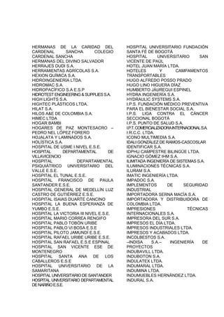 HERMANAS DE LA CARIDAD DEL
CARDENAL SANCHA COLEGIO
CARDENAL SANCHA
HERMANAS DEL DIVINO SALVADOR
HERRAJES DUDI S.A.
HERRAMIENTAS AGRÍCOLAS S.A.
HEXION QUÍMICA S.A.
HIDROINGENIERÍA LTDA.
HIDROMAC S.A.
HIDROPACÍFICO S.A E.S.P
HIDROTEST ENGINEERING &SUPPLIESS.A.
HIGH LIGHTS S.A.
HIGHTEC PLÁSTICOS LTDA.
HILAT S.A.
HILOS A&E DE COLOMBIA S.A.
HIMEC LTDA
HOGAR BAMBI
HOGARES DE PAZ MONTESACRO –
PEDRO NEL LÓPEZ FORERO
HOJALATA Y LAMINADOS S.A.
HOLÍSTICA S.A.
HOSPITAL DE USME I NIVEL E.S.E.
HOSPITAL DEPARTAMENTAL DE
VILLAVICENCIO
HOSPITAL DEPARTAMENTAL
PSIQUIÁTRICO UNIVERSITARIO DEL
VALLE E.S.E.
HOSPITAL EL TUNAL E.S.E.
HOSPITAL FRANCISCO DE PAULA
SANTANDER E.S.E.
HOSPITAL GENERAL DE MEDELLÍN LUZ
CASTRO DE GUTIÉRREZ E.S.E.
HOSPITAL ISAIAS DUARTE CANCINO
HOSPITAL LA BUENA ESPERANZA DE
YUMBO E.S.E.
HOSPITAL LA VICTORIA III NIVEL E.S.E.
HOSPITAL MARIO CORREA RENGIFO
HOSPITAL PABLO TOBÓN URIBE
HOSPITAL PABLO VI BOSA E.S.E
HOSPITAL PILOTO JAMUNDÍ E.S.E.
HOSPITAL RAFAEL URIBE URIBE E.S.E.
HOSPITAL SAN RAFAEL E.S.E ESPINAL
HOSPITAL SAN VICENTE ESE DE
MONTENEGRO
HOSPITAL SANTA ANA DE LOS
CABALLEROS E.S.E
HOSPITAL UNIVERSITARIO DE LA
SAMARITANA
HOSPITAL UNIVERSITARIO DE SANTANDER
HOSPITAL UNIVERSITARIO DEPARTAMENTAL
DENARIÑOE.S.E.
HOSPITAL UNIVERSITARIO FUNDACIÓN
SANTA FÉ DE BOGOTÁ
HOSPITAL UNIVERSITARIO SAN
VICENTE DE PAÚL
HOTEL JUAN MARÍA LTDA.
HOTELES Y CAMPAMENTOS
TRANSPORTABLES
HUGO ALFREDO POSSO PRADO
HUGO LINO HIGUERA DÍAZ
HUMBERTO JÁUREGUI ESPINEL
HYDRA INGENIERÍA S.A.
HYDRAULIC SYSTEMS S.A.
I.P.S. FUNDACIÓN MÉDICO PREVENTIVA
PARA EL BIENESTAR SOCIAL S.A.
I.P.S. LIGA CONTRA EL CÁNCER
SECCIONAL BOGOTÁ
I.P.S. PUNTO DE SALUD S.A.
I.P.T.COMERCIALIZADORAINTERNACIONALS.A.
I.R.C.C. LTDA.
ICONO MULTIMEDIA S.A.
IDALI GONZÁLEZ DE RAMOS-CASCOSLAR
IDENTIFICAR S.A.
IDPHU CAMPESTRE BILINGÜE LTDA.
IGNACIO GÓMEZ IHM S.A.
ILIMITADA INGENIERÍA DE SISTEMAS S.A.
ILUMINACIONES TÉCNICAS S.A.
ILURAM S.A.
IMATIC INGENIERÍA LTDA.
IMPADOC S.A.
IMPLEMENTOS DE SEGURIDAD
INDUSTRIAL
IMPORTADORA SERNA MACÍA S.A.
IMPORTADORA Y DISTRIBUIDORA DE
COLOMBIA LTDA.
IMPRESIONES TÉCNICAS
INTERNACIONALES S.A.
IMPRESORA DEL SUR S.A.
IMPRESOS EL DÍA LTDA.
IMPRESOS INDUSTRIALES LTDA.
IMPRESOS Y ACABADOS LTDA.
INCOLBESTOS S.A.
–INDISA S.A.– INGENIERÍA DE
PROYECTOS
INDUBAVILL LTDA.
INDUBOTON S.A.
INDULATEX LTDA.
INDUMARAL LTDA.
INDUMINA LTDA.
INDUMUEBLES HERNÁNDEZ LTDA.
INDURAL S.A.
 