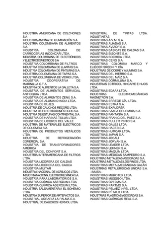 INDUSTRIA AMERICANA DE COLCHONES
S.A
INDUSTRIA ANDINA DE ILUMINACIÓN S.A.
INDUSTRIA COLOMBIANA DE ALIMENTOS
S.A.
INDUSTRIA COLOMBIANA DE
CARROCERÍAS INCONCAR LTDA.
INDUSTRIA COLOMBIANA DE ELECTRÓNICOS
YELECTRODOMÉSTICOSS.A.
INDUSTRIA COLOMBIANA DE FILTROS
INDUSTRIA COLOMBIANA DE LLANTAS S.A.
INDUSTRIA COLOMBIANA DE PINTURAS S.A.
INDUSTRIA COLOMBIANA DE TAPAS S.A.
INDUSTRIA COLOMBIANA DE VIDRIO LTDA.
INDUSTRIA COOPERATIVA DE
MARINILLA C.T.A.
INDUSTRIADEALIMENTOSLAGALLETAS.A.
INDUSTRIA DE ALIMENTOS SERVICIAL
ANTIOQUIA LTDA.
INDUSTRIA DE ALIMENTOS ZENÚ S.A.
INDUSTRIA DE ALUMINIO INDIA LTDA.
INDUSTRIA DE BUJES
INDUSTRIA DE CAUCHOS RECORD LTDA.
INDUSTRIA DE ELECTRODOMÉSTICOS S.A.
INDUSTRIA DE ESTUFAS CONTINENTAL S.A.
INDUSTRIA DE HARINAS TULUÁ LTDA.
INDUSTRIA DE LICORES DEL VALLE
INDUSTRIA DE MATERIALES ELÉCTRICOS
DE COLOMBIA S.A.
INDUSTRIA DE PRODUCTOS METÁLICOS
LTDA.
INDUSTRIA DE REFRIGERACIÓN
COMERCIAL S.A.
INDUSTRIA DE TRANSFORMADORES
AMÉRICA
INDUSTRIA DEL CONFORT S.A.
INDUSTRIA INTERAMERICANA DE FILTROS
LTDA.
INDUSTRIA LICORERA DE CALDAS
INDUSTRIA LICORERA DEL CAUCA
INDUSTRIA MILITAR
INDUSTRIANACIONALDE ACRÍLICOSLTDA.
INDUSTRIANACIONALELECTROMECÁNICAS.A.
INDUSTRIA PARA LABORATORIOS S.A.
INDUSTRIA QUÍMICA ASERQUIM LTDA
INDUSTRIA QUÍMICA ASERQUIM LTDA.
INDUSTRIA SALSAMENTARIA EL BOHEMIO
LTDA.
INDUSTRIASUPERIORDEARTEFACTOSS.A.
INDUSTRIAL AGRARIA LA PALMA S.A.
INDUSTRIAL DE CAUCHOS HERNOL LTDA.
INDUSTRIAL DE TINTAS LTDA.
INDUSTINTAS
INDUSTRIAS A.V.M. S.A.
INDUSTRIAS ALIADAS S.A.
INDUSTRIAS AVIZOR S.A.
INDUSTRIAS BÁSICAS DE CALDAS S.A.
INDUSTRIAS BISONTE S.A.
INDUSTRIAS BOCHICA LTDA.
INDUSTRIAS CENO S.A.
INDUSTRIAS COLOMBIA MARCO Y
ELIÉCER SREDNI Y CÍA
INDUSTRIAS DE COBRE Y ALUMINIO S.A.
INDUSTRIAS DEL HIERRO S.A.
INDUSTRIAS DEL MAÍZ S.A.
INDUSTRIAS DORMILUNA S.A.
INDUSTRIAS ECTRICOL HINCAPIE E HIJOS
LTDA.
INDUSTRIAS EDAFA LTDA.
INDUSTRIAS ELECTROMECÁNICAS
MAGNETRÓN S.A.
INDUSTRIAS ERREGE CÍA. LTDA.
INDUSTRIAS ESTRA S.A.
INDUSTRIAS EXPLORER
INDUSTRIAS FAACA COLOMBIA S.A.
INDUSTRIAS FANTASÍA S.A.
INDUSTRIAS FRANIG DEL PÁEZ S.A.
INDUSTRIAS FULLER PINTO S.A.
INDUSTRIAS GALES LTDA.
INDUSTRIAS HACEB S.A.
INDUSTRIAS HUMCAR LTDA.
INDUSTRIAS JAPAN S.A.
INDUSTRIAS JOCALI
INDUSTRIAS JORVAN S.A.
INDUSTRIAS LEADER LTDA.
INDUSTRIAS LEHNER S.A.
INDUSTRIAS MAQUIN LTDA.
INDUSTRIAS MÉDICAS SAMPEDRO S.A.
INDUSTRIAS METÁLICAS ASOCIADAS S.A.
INDUSTRIAS METÁLICAS LOS PINOS LTDA.
INDUSTRIAS METALMECÁNICAS GALÁN
INDUSTRIAS METALÚRGICAS UNIDAS S.A.
–IMUSA–
INDUSTRIAS MUROTEX LTDA.
INDUSTRIAS MUSSGO LTDA.
INDUSTRIAS OVELMA S.A.
INDUSTRIAS PARTMO S.A.
INDUSTRIAS PELÁEZ INPEL LTDA.
INDUSTRIAS PÉTALO LTDA.
INDUSTRIAS PLÁSTICASASOCIADAS S.A.
INDUSTRIAS QUÍMICAS REAL S.A.
 