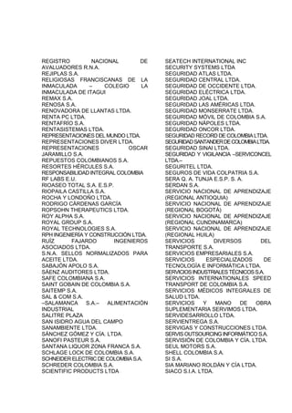 REGISTRO NACIONAL DE
AVALUADORES R.N.A.
REJIPLAS S.A.
RELIGIOSAS FRANCISCANAS DE LA
INMACULADA – COLEGIO LA
INMACULADA DE ITAGUI
REMAX S.A.
RENOSA S.A.
RENOVADORA DE LLANTAS LTDA.
RENTA PC LTDA.
RENTAFRÍO S.A.
RENTASISTEMAS LTDA.
REPRESENTACIONES DEL MUNDO LTDA.
REPRESENTACIONES DIVER LTDA.
REPRESENTACIONES OSCAR
JARAMILLO S.A.
REPUESTOS COLOMBIANOS S.A.
RESORTES HÉRCULES S.A.
RESPONSABILIDAD INTEGRAL COLOMBIA
RF LABS E.U.
RIOASEO TOTAL S.A. E.S.P.
RIOPAILA CASTILLA S.A.
ROCHA Y LONDOÑO LTDA.
RODRIGO CÁRDENAS GARCÍA
ROPSOHN THERAPEUTICS LTDA.
ROY ALPHA S.A.
ROYAL GROUP S.A.
ROYAL TECHNOLOGIES S.A.
RPH INGENIERÍA Y CONSTRUCCIÓN LTDA.
RUÍZ FAJARDO INGENIEROS
ASOCIADOS LTDA.
S.N.A. SELLOS NORMALIZADOS PARA
ACEITE LTDA.
SABAJÓN APOLO S.A.
SÁENZ AUDITORES LTDA.
SAFE COLOMBIANA S.A.
SAINT GOBAIN DE COLOMBIA S.A.
SAITEMP S.A.
SAL & COM S.A.
–SALAMANCA S.A.– ALIMENTACIÓN
INDUSTRIAL
SALITRE PLAZA
SAN ISIDRO AGUA DEL CAMPO
SANAMBIENTE LTDA.
SÁNCHEZ GÓMEZ Y CÍA. LTDA.
SANOFI PASTEUR S.A.
SANTANA LIQUOR ZONA FRANCA S.A.
SCHLAGE LOCK DE COLOMBIA S.A.
SCHNEIDER ELECTRIC DE COLOMBIA S.A.
SCHREDER COLOMBIA S.A.
SCIENTIFIC PRODUCTS LTDA
SEATECH INTERNATIONAL INC
SECURITY SYSTEMS LTDA
SEGURIDAD ATLAS LTDA.
SEGURIDAD CENTRAL LTDA.
SEGURIDAD DE OCCIDENTE LTDA.
SEGURIDAD ELÉCTRICA LTDA.
SEGURIDAD JOAL LTDA.
SEGURIDAD LAS AMÉRICAS LTDA.
SEGURIDAD MONSERRATE LTDA.
SEGURIDAD MÓVIL DE COLOMBIA S.A.
SEGURIDAD NÁPOLES LTDA.
SEGURIDAD ONCOR LTDA.
SEGURIDAD RECORD DE COLOMBIA LTDA.
SEGURIDADSANTANDERDECOLOMBIALTDA.
SEGURIDAD SINAI LTDA.
SEGURIDAD Y VIGILANCIA –SERVICONCEL
LTDA.–
SEGURITEL LTDA.
SEGUROS DE VIDA COLPATRIA S.A.
SERA Q. A. TUNJA E.S.P. S. A.
SERDAN S.A.
SERVICIO NACIONAL DE APRENDIZAJE
(REGIONAL ANTIOQUIA)
SERVICIO NACIONAL DE APRENDIZAJE
(REGIONAL BOGOTÁ)
SERVICIO NACIONAL DE APRENDIZAJE
(REGIONAL CUNDINAMARCA)
SERVICIO NACIONAL DE APRENDIZAJE
(REGIONAL HUILA)
SERVICIOS DIVERSOS DEL
TRANSPORTE S.A.
SERVICIOS EMPRESARIALES S.A.
SERVICIOS ESPECIALIZADOS DE
TECNOLOGÍA E INFORMÁTICA LTDA.
SERVICIOSINDUSTRIALESTÉCNICOSS.A.
SERVICIOS INTERNATIONALES SPEED
TRANSPORT DE COLOMBIA S.A.
SERVICIOS MÉDICOS INTEGRALES DE
SALUD LTDA.
SERVICIOS Y MANO DE OBRA
SUPLEMENTARIA SERVIMOS LTDA.
SERVIDESARROLLO LTDA.
SERVIENTREGA S.A.
SERVIGAS Y CONSTRUCCIONES LTDA.
SERVIS OUTSOURCING INFORMÁTICO S.A.
SERVISIÓN DE COLOMBIA Y CÍA. LTDA.
SEUL MOTORS S.A.
SHELL COLOMBIA S.A.
SI S.A.
SIA MARIANO ROLDÁN Y CÍA LTDA.
SIACO S.I.A. LTDA.
 