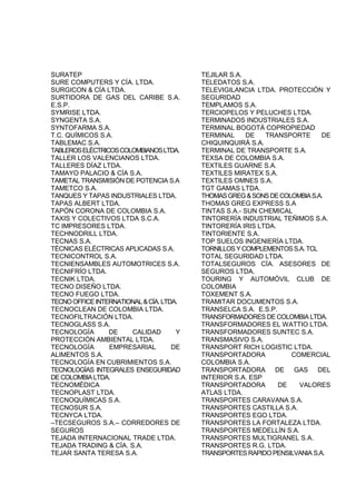 SURATEP
SURE COMPUTERS Y CÍA. LTDA.
SURGICON & CÍA LTDA.
SURTIDORA DE GAS DEL CARIBE S.A.
E.S.P.
SYMRISE LTDA.
SYNGENTA S.A.
SYNTOFARMA S.A.
T.C. QUÍMICOS S.A.
TABLEMAC S.A.
TABLEROSELÉCTRICOSCOLOMBIANOSLTDA.
TALLER LOS VALENCIANOS LTDA.
TALLERES DÍAZ LTDA.
TAMAYO PALACIO & CÍA S.A.
TAMETAL TRANSMISIÓN DE POTENCIA S.A
TAMETCO S.A.
TANQUES Y TAPAS INDUSTRIALES LTDA.
TAPAS ALBERT LTDA.
TAPÓN CORONA DE COLOMBIA S.A.
TAXIS Y COLECTIVOS LTDA S.C.A.
TC IMPRESORES LTDA.
TECHNODRILL LTDA.
TECNAS S.A.
TÉCNICAS ELÉCTRICAS APLICADAS S.A.
TECNICONTROL S.A.
TECNIENSAMBLES AUTOMOTRICES S.A.
TECNIFRÍO LTDA.
TECNIK LTDA.
TECNO DISEÑO LTDA.
TECNO FUEGO LTDA.
TECNOOFFICEINTERNATIONAL&CÍA.LTDA.
TECNOCLEAN DE COLOMBIA LTDA.
TECNOFILTRACIÓN LTDA.
TECNOGLASS S.A.
TECNOLOGÍA DE CALIDAD Y
PROTECCIÓN AMBIENTAL LTDA.
TECNOLOGÍA EMPRESARIAL DE
ALIMENTOS S.A.
TECNOLOGÍA EN CUBRIMIENTOS S.A.
TECNOLOGÍAS INTEGRALES ENSEGURIDAD
DECOLOMBIALTDA.
TECNOMÉDICA
TECNOPLAST LTDA.
TECNOQUÍMICAS S.A.
TECNOSUR S.A.
TECNYCA LTDA.
–TECSEGUROS S.A.– CORREDORES DE
SEGUROS
TEJADA INTERNACIONAL TRADE LTDA.
TEJADA TRADING & CÍA. S.A.
TEJAR SANTA TERESA S.A.
TEJILAR S.A.
TELEDATOS S.A.
TELEVIGILANCIA LTDA. PROTECCIÓN Y
SEGURIDAD
TEMPLAMOS S.A.
TERCIOPELOS Y PELUCHES LTDA.
TERMINADOS INDUSTRIALES S.A.
TERMINAL BOGOTÁ COPROPIEDAD
TERMINAL DE TRANSPORTE DE
CHIQUINQUIRÁ S.A.
TERMINAL DE TRANSPORTE S.A.
TEXSA DE COLOMBIA S.A.
TEXTILES GUARNE S.A.
TEXTILES MIRATEX S.A.
TEXTILES OMNES S.A.
TGT GAMAS LTDA.
THOMASGREG&SONSDECOLOMBIAS.A.
THOMAS GREG EXPRESS S.A
TINTAS S.A.- SUN CHEMICAL
TINTORERÍA INDUSTRIAL TEÑIMOS S.A.
TINTORERÍA IRIS LTDA.
TINTORIENTE S.A.
TOP SUELOS INGENIERÍA LTDA.
TORNILLOSYCOMPLEMENTOSS.A.TCL
TOTAL SEGURIDAD LTDA.
TOTALSEGUROS CÍA. ASESORES DE
SEGUROS LTDA.
TOURING Y AUTOMÓVIL CLUB DE
COLOMBIA
TOXEMENT S.A.
TRAMITAR DOCUMENTOS S.A.
TRANSELCA S.A. E.S.P.
TRANSFORMADORES DE COLOMBIA LTDA.
TRANSFORMADORES EL WATTIO LTDA.
TRANSFORMADORES SUNTEC S.A.
TRANSMASIVO S.A.
TRANSPORT RICH LOGISTIC LTDA.
TRANSPORTADORA COMERCIAL
COLOMBIA S.A.
TRANSPORTADORA DE GAS DEL
INTERIOR S.A. ESP
TRANSPORTADORA DE VALORES
ATLAS LTDA.
TRANSPORTES CARAVANA S.A.
TRANSPORTES CASTILLA S.A.
TRANSPORTES EGO LTDA.
TRANSPORTES LA FORTALEZA LTDA.
TRANSPORTES MEDELLÍN S.A.
TRANSPORTES MULTIGRANEL S.A.
TRANSPORTES R.G. LTDA.
TRANSPORTES RAPIDO PENSILVANIA S.A.
 