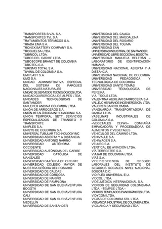 TRANSPORTES SIVAL S.A.
TRANSPORTES TVL S.A.
TRATAMIENTOS TÉRMICOS S.A.
TRIADA EMA S.A.
TRONEX BATTERY COMPANY S.A.
TROQUELSA LTDA.
TUBINCOL LTDA.
TUBOS DEL CARIBE LTDA.
TUBOSCOPE BRANDT DE COLOMBIA
TUBOTEC S.A.
TURISMO TOTAL S.A.
TUVINIL DE COLOMBIA S.A.
UMIPLAST S.A.
UMO S.A.
UNIDAD ADMINISTRATIVA ESPECIAL
DEL SISTEMA DE PARQUES
NACIONALES NATURALES
UNIDADDESERVICIOSTECNOLÓGICOSLTDA.
UNIDAD QUIRÚRGICA LOS ALPES LTDA.
UNIDADES TECNOLÓGICAS DE
SANTANDER
UNILEVER ANDINA COLOMBIA LTDA.
UNIÓN DE ARROCEROS S.A.
UNIÓN METALÚRGICA INTERNACIONAL S.A.
UNIÓN TEMPORAL SETT SERVICIOS
ESPECIALIZADOS DE TRANSITO Y
TRANSPORTE
UNIPLES S.A.
UNISYS DE COLOMBIA S.A.
UNIVERSAL TUBULAR TECHNOLOGY INC
UNIVERSIDAD ABIERTA Y A DISTANCIA
UNIVERSIDAD ANTONIO NARIÑO
UNIVERSIDAD AUTÓNOMA DE
OCCIDENTE
UNIVERSIDAD AUTÓNOMA DEL CARIBE
UNIVERSIDAD CATÓLICA DE
MANIZALES
UNIVERSIDAD CATÓLICA DE ORIENTE
UNIVERSIDAD COLEGIO MAYOR DE
NUESTRA SEÑORA DEL ROSARIO
UNIVERSIDAD DE CALDAS
UNIVERSIDAD DE CÓRDOBA
UNIVERSIDAD DE NARIÑO
UNIVERSIDAD DE PAMPLONA
UNIVERSIDAD DE SAN BUENAVENTURA
BOGOTÁ
UNIVERSIDAD DE SAN BUENAVENTURA
CALI
UNIVERSIDAD DE SAN BUENAVENTURA
MEDELLÍN
UNIVERSIDAD DE SANTANDER
UNIVERSIDAD DEL CAUCA
UNIVERSIDAD DEL MAGDALENA
UNIVERSIDAD DEL ROSARIO
UNIVERSIDAD DEL TOLIMA
UNIVERSIDAD EAN
UNIVERSIDADINDUSTRIALDESANTANDER
UNIVERSIDAD LIBRE SECCIONAL BOGOTÁ
UNIVERSIDAD MANUELA BELTRÁN –
LABORATORIO DE IDENTIFICACIÓN
HUMANA
UNIVERSIDAD NACIONAL ABIERTA Y A
DISTANCIA
UNIVERSIDAD NACIONAL DE COLOMBIA
UNIVERSIDAD PEDAGÓGICA Y
TECNOLÓGICA DE COLOMBIA
UNIVERSIDAD SANTO TOMÁS
UNIVERSIDAD TÉCNOLOGÍCA DE
PEREIRA.
V.A. TOOLS LTDA.
VALENTINA AUXILIAR CARROCERA S.A
VALLEJOHERMANOSINGENIEROSCÍA.LTDA.
VALORES BANCOLOMBIA
VANGUARDIA TRANSPORTADORA DE
CARGA LTDA.
VASELINAS INDUSTRIALES DE
COLOMBIA S.A.
–VEGETALES CEPAV– COMPAÑÍA
EMPACADORA Y PROCESADORA DE
ALIMENTOS Y VEGETALES
VEHÍCULOS DEL CAMINO LTDA.
VEHIVALLE S.A.
VEHIWAGEN S.A.
VELNEC S.A.
VERTICAL DE AVIACIÓN LTDA.
VÍA TERRESTRE S.A.
VIAJAR DE COLOMBIA LTDA.
VÍAS S.A.
VICEPRESIDENCIA DE RIESGOD
LABORALES DEL INSTITUTO DE
SEGUROS SOCIALES NIVEL NACIONAL
BOGOTÁ D.C.
VID PLEX UNIVERSAL E.U.
VIDCOL LTDA.
VIDELMÉDICA INTERNACIONAL S.A.
VIDRIOS DE SEGURIDAD COLOMBIANA
LTDA. –TEMPSE LTDA.–
VIDRIOSTEMPLADOS PANORÁMICOS LTDA.
VIDYCOM LTDA.
VIGIAS DE COLOMBIA SRL LTDA.
VIGILANCIAINDUSTRIALDECOLOMBIALTDA.
VIGILANCIA Y SEGURIDAD LTDA.
 