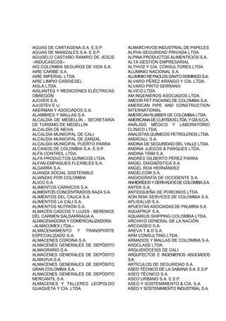 AGUAS DE CARTAGENA S.A. E.S.P.
AGUAS DE MANIZALES S.A. E.S.P.
AGUDELO CASTAÑO RAMIRO DE JESÚS
–INDUCASCOS–
AIG COLOMBIA SEGUROS DE VIDA S.A.
AIRE CARIBE S.A.
AIRE IMPERIAL LTDA.
AIRE LIMPIO CARDIESEL
AISLA LTDA.
AISLANTES Y MEDICIONES ELÉCTRICAS
OBREGÓN
AJOVER S.A.
AJUSTEV E.U.
AKERMAN Y ASOCIADOS S.A.
ALAMBRES Y MALLAS S.A.
ALCALDÍA DE MEDELLÍN - SECRETARÍA
DE TURISMO DE MEDELLÍN
ALCALDÍA DE NEIVA
ALCALDÍA MUNICIPAL DE CALI
ALCALDÍA MUNICIPAL DE ZARZAL
ALCALDÍA MUNICIPAL PUERTO PARRA
ALCANOS DE COLOMBIA S.A. E.S.P.
ALFA CONTROL LTDA.
ALFA PRODUCTOS QUÍMICOS LTDA.
ALFAN EMPAQUES FLEXIBLES S.A.
ALGARRA S.A.
ALIANZA SOCIAL SOSTENIBLE
ALIANZAS POR COLOMBIA
ALICO S.A.
ALIMENTOS CÁRNICOS S.A.
ALIMENTOS CONCENTRADOS RAZA S.A.
ALIMENTOS DEL CAUCA S.A.
ALIMENTOS LA CALI S.A.
ALIMENTOS NUTRIÓN S.A.
ALMACÉN CASCOS Y LUJOS - BERENICE
DEL CARMEN SALDARRIAGA A.
ALMACENADORA Y COMERCIALIZADORA
–ALMACOMEX LTDA.–
ALMACENAMIENTO Y TRANSPORTE
ESPECIALIZADO S.A.
ALMACENES CORONA S.A.
ALMACENES GENERALES DE DEPÓSITO
ALMAGRARIO S.A.
ALMACENES GENERALES DE DEPÓSITO
ALMAVIVA S.A.
ALMACENES GENERALES DE DEPÓSITO
GRAN COLOMBIA S.A.
ALMACENES GENERALES DE DEPÓSITO
MERCANTÍL S.A.
ALMACENES Y TALLERES LEOPOLDO
GUAQUETA Y CÍA. LTDA.
ALMARCHIVOS INDUSTRIAL DE PAPELES
ALPHA SEGURIDAD PRIVADA LTDA.
ALPINA PRODUCTOS ALIMENTICIOS S.A.
ALTA GESTIÓN EMPRESARIAL
ALTHVIZ Y CÍA. CONSULTORES LTDA.
ALUMINIO NACIONAL S.A.
ALUMINIO REYNOLDSSANTO DOMINGO S.A.
ALVARO PÉREZ ARANGO Y CÍA. LTDA.
ALVARO PINTO SERRANO
ALVICO LTDA.
AM INGENIEROS ASOCIADOS LTDA.
AMCOR PET PACKING DE COLOMBIA S.A.
AMERICAN PIPE AND CONSTRUCTION
INTERNATIONAL
AMERICAN RUBBER DE COLOMBIA LTDA.
AMERICANADECURTIDOSLTDA.YCÍAS.C.A.
ANÁLISIS MÉDICO Y LABORATORIO
CLÍNICO LTDA.
ANALISTAS QUÍMICOS PETROLEROS LTDA.
ANDICALL S.A.
ANDINA DE SEGURIDAD DEL VALLE LTDA.
ANDINA JUEGOS & PARQUES LTDA.
ANDINA TRIM S.A.
ANDRÉS GILBERTO PÉREZ PARRA
ANGEL DIAGNÓSTICA S.A.
ANGEL ROA HERNÁNDEZ
ANGELCOM S.A.
ANGIOGRAFÍA DE OCCIDENTE S.A.
ANHIDRIDOSYDERIVADOSDECOLOMBIAS.A.
ANTEK S.A.
ANTIOQUEÑA DE PORCINOS LTDA.
AON RISK SERVICES DE COLOMBIA S.A.
APLISALUD S.A.
APUESTAS ASOCIADAS DE PALMIRA S.A.
AQUAPRUF S.A.
AQUARIUS SHIPPING COLOMBIA LTDA.
ARCHIVO GENERAL DE LA NACIÓN
ARCOASEO S.A.
AREVA T & D S.A.
ARM CONSULTING LTDA.
ARMADOS Y MALLAS DE COLOMBIA S.A.
ARQCLASS LTDA.
ARQUIDIÓCESIS DE CALI
ARQUITECTOS E INGENIEROS ASOCIADOS
S.A.
ARTÍCULOS DE SEGURIDAD S.A.
ASEO TÉCNICO DE LA SABANA S.A. E.S.P
ASEO TÉCNICO S.A.
ASEO URBANO S.A. E.S.P.
ASEO Y SOSTENIMIENTO & CÍA. S.A.
ASEO Y SOSTENIMIENTO INDUSTRIAL S.A.
 