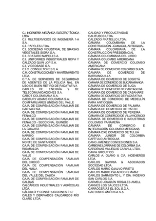 C.I. INGENIERÍA MECÁNICA ELECTROTÉCNICA
LTDA.
C.I. MULTISERVICIOS DE INGENIERÍA 1-A
S.A.
C.I. PAPELES LTDA.
C.I. SOCIEDAD INDUSTRIAL DE GRASAS
VEGETALES SIGRA S.A.
C.I. SPATARO NAPOLI S.A.
C.I. UNIFORMES INDUSTRIALES ROPA Y
CALZADO QUIN LOP S.A.
C.I. VIDEOBASE S.A.
C.I.C. CONSULTORES S.A.
C.M. CONSTRUCCIONES Y MANTENIMIENTO
LTDA.
C.T.A. DE SERVICIOS DE SEGURIDAD
DE AGENTES DE LA POLICÍA NAL. EN
USO DE BUEN RETIRO DE FACATATIVA
CABLES DE ENERGÍA Y DE
TELECOMUNICACIONES S.A.
CABOT COLOMBIANA S.A.
CADBURY ADAMS COLOMBIA S.A.
COMFAMILIARES UNIDAS DEL VALLE
CAJA DE COMPENSACIÓN FAMILIAR DE
CARTAGENA
CAJA DE COMPENSACIÓN FAMILIAR DE
FENALCO
CAJA DE COMPENSACIÓN FAMILIAR DE
FENALCO - SECCIONAL QUINDÍO
CAJA DE COMPENSACIÓN FAMILIAR DE
LA GUAJIRA
CAJA DE COMPENSACIÓN FAMILIAR DE
NARIÑO
CAJA DE COMPENSACIÓN FAMILIAR DE
NORTE DE SANTANDER
CAJA DE COMPENSACIÓN FAMILIAR DE
RISARALDA
CAJA DE COMPENSACIÓN FAMILIAR DE
VALLE
CAJA DE COMPENSACIÓN FAMILIAR
DEL CHOCÓ
CAJA DE COMPENSACIÓN FAMILIAR
DEL HUILA
CAJA DE COMPENSACIÓN FAMILIAR
DEL VALLE DEL CAUCA
CAJA DE COMPENSACIÓN FAMILIAR DE
CALDAS
CALCÁREOS INDUSTRIALES Y AGRÍCOLAS
LTDA.
CÁLCULO Y CONSTRUCCIONES E.U.
CALES Y DERIVADOS CALCÁREOS RÍO
CLARO LTDA.
CALIDAD Y PRODUCTIVIDAD
CALITUBOS LTDA.
CALZADO FRATELLO LTDA.
CÁMARA COLOMBIANA DE LA
CONSTRUCCIÓN –CAMACOL ANTIOQUIA–
CÁMARA COLOMBIANA DE LA
CONSTRUCCIÓN PRESIDENCIAL
CÁMARA COLOMBIANA DEL LIBRO
CÁMARA COLOMBO AMERICANA
CÁMARA DE COMERCIO COLOMBO
AMERICANA
CÁMARA DE COMERCIO COLOMBO SUIZA
CÁMARA DE COMERCIO DE
BARRANQUILLA
CÁMARA DE COMERCIO DE BOGOTÁ
CÁMARADECOMERCIODEBUCARAMANGA
CÁMARA DE COMERCIO DE BUGA
CÁMARA DE COMERCIO DE CARTAGENA
CÁMARA DE COMERCIO DE CASANARE
CÁMARA DE COMERCIO DE FACATATIVA
CÁMARA DE COMERCIO DE MEDELLÍN
PARA ANTIOQUIA
CÁMARA DE COMERCIO DE PALMIRA
CÁMARA DE COMERCIO DE PASTO
CÁMARA DE COMERCIO DE PEREIRA
CÁMARA DE COMERCIO DE VILLAVICENCIO
CÁMARA DE COMERCIO E INDUSTRIAS
COLOMBO PANAMEÑA
CÁMARA DE COMERCIO E
INTEGRACIÓN COLOMBO MEXICANA
CÁMARA DXE COMERCIO DE TULUÁ
CÁMARA JUNIOR DE COLOMBIA
CAPÍTULO ANTIOQUIA
CANO JIMÉNEZ CONCESIONES S.A.
CARBONE LORRAINE DE COLOMBIA S.A.
CARDENAS VILLEGAS CARVILL LTDA.
CARIA GROUP CO
CARLOS A. OLANO & CÍA. INGENIEROS
LTDA.
CARLOS GAVIRIA & ASOCIADOS
SOCIEDAD LTDA.
CARLOS MARIO OJALVO PRIETO
CARLOS MARIO PALACIOS CHAMAT
CARLOS SARMIENTO L. Y CÍA. INGENIO
SAN CARLOS S.A.
CARMELO JOAQUÍN ROSALES AMELL
CARNES LOS SAUCES LTDA.
CARROCERÍAS EL SOL S.C.A.
CARTONES AMÉRICA S.A.
 