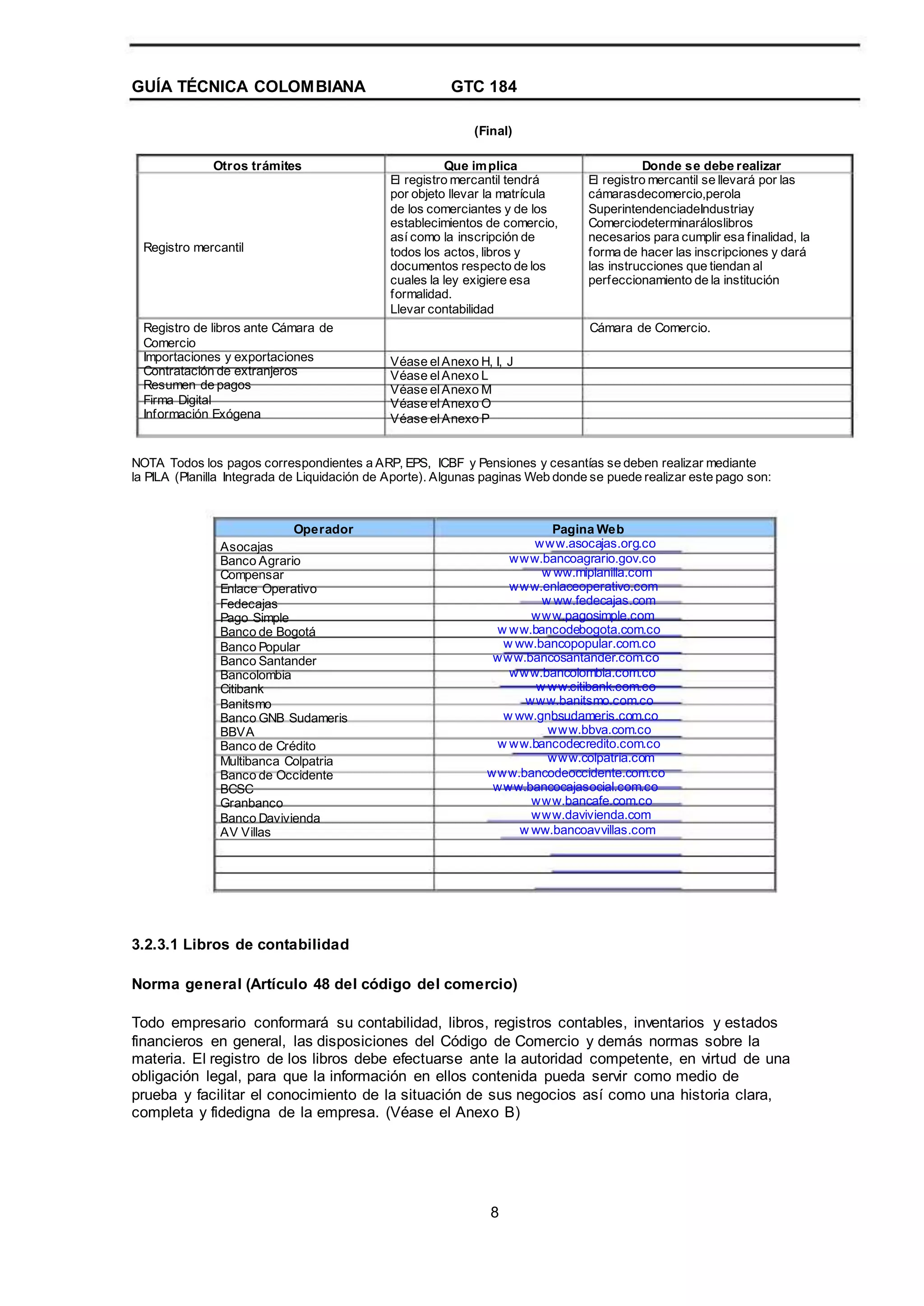 GUÍA TÉCNICA COLOMBIANA GTC 184
(Final)
Otros trámites
Registro mercantil
Registro de libros ante Cámara de
Comercio
Importaciones y exportaciones
Contratación de extranjeros
Resumen de pagos
Firma Digital
Información Exógena
Que implica
El registro mercantil tendrá
por objeto llevar la matrícula
de los comerciantes y de los
establecimientos de comercio,
así como la inscripción de
todos los actos, libros y
documentos respecto de los
cuales la ley exigiere esa
formalidad.
Llevar contabilidad
Véase elAnexo H, I, J
Véase elAnexo L
Véase elAnexo M
Véase elAnexo O
Véase elAnexo P
Donde se debe realizar
El registro mercantil se llevará por las
cámarasdecomercio,perola
SuperintendenciadeIndustriay
Comerciodeterminaráloslibros
necesarios para cumplir esa finalidad, la
forma de hacer las inscripciones y dará
las instrucciones que tiendan al
perfeccionamiento de la institución
Cámara de Comercio.
NOTA Todos los pagos correspondientes a ARP, EPS, ICBF y Pensiones y cesantías se deben realizar mediante
la PILA (Planilla Integrada de Liquidación de Aporte). Algunas paginas Web donde se puede realizar este pago son:
Operador
Asocajas
Banco Agrario
Compensar
Enlace Operativo
Fedecajas
Pago Simple
Banco de Bogotá
Banco Popular
Banco Santander
Bancolombia
Citibank
Banitsmo
Banco GNB Sudameris
BBVA
Banco de Crédito
Multibanca Colpatria
Banco de Occidente
BCSC
Granbanco
Banco Davivienda
AV Villas
Pagina Web
www.asocajas.org.co
www.bancoagrario.gov.co
w ww.miplanilla.com
www.enlaceoperativo.com
w ww.fedecajas.com
www.pagosimple.com
w ww.bancodebogota.com.co
w ww.bancopopular.com.co
www.bancosantander.com.co
www.bancolombia.com.co
w ww.citibank.com.co
www.banitsmo.com.co
w ww.gnbsudameris.com.co
www.bbva.com.co
w ww.bancodecredito.com.co
www.colpatria.com
www.bancodeoccidente.com.co
www.bancocajasocial.com.co
www.bancafe.com.co
www.davivienda.com
w ww.bancoavvillas.com
3.2.3.1 Libros de contabilidad
Norma general (Artículo 48 del código del comercio)
Todo empresario conformará su contabilidad, libros, registros contables, inventarios y estados
financieros en general, las disposiciones del Código de Comercio y demás normas sobre la
materia. El registro de los libros debe efectuarse ante la autoridad competente, en virtud de una
obligación legal, para que la información en ellos contenida pueda servir como medio de
prueba y facilitar el conocimiento de la situación de sus negocios así como una historia clara,
completa y fidedigna de la empresa. (Véase el Anexo B)
8
 