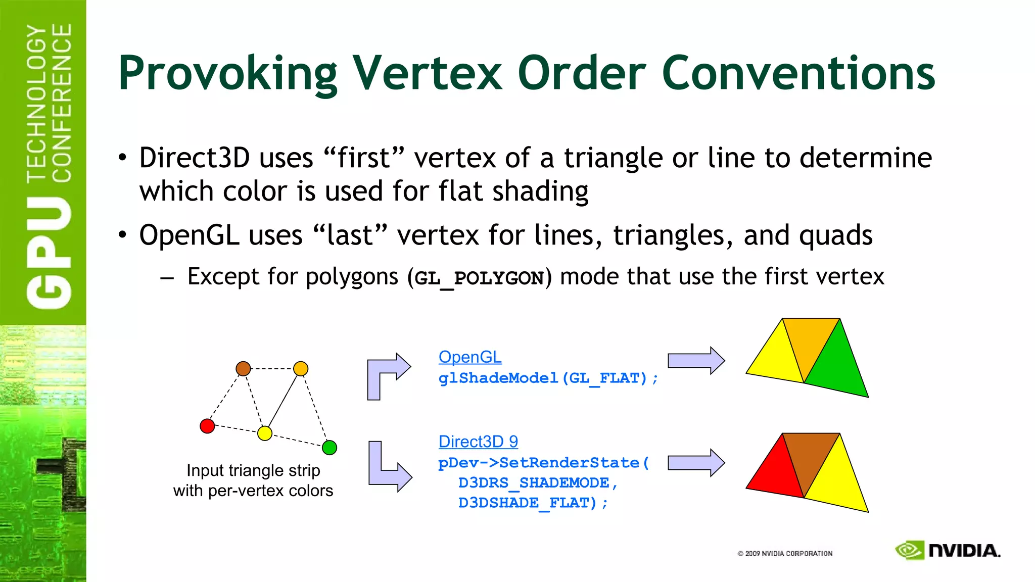 Provoking Vertex Order Conventions Direct3D uses “first” vertex of a triangle or line to determine which color is used for flat shading OpenGL uses “last” vertex for lines, triangles, and quads Except for polygons ( GL_POLYGON ) mode that use the first vertex Direct3D 9 pDev->SetRenderState( D3DRS_SHADEMODE, D3DSHADE_FLAT); OpenGL glShadeModel(GL_FLAT); Input triangle strip with per-vertex colors 