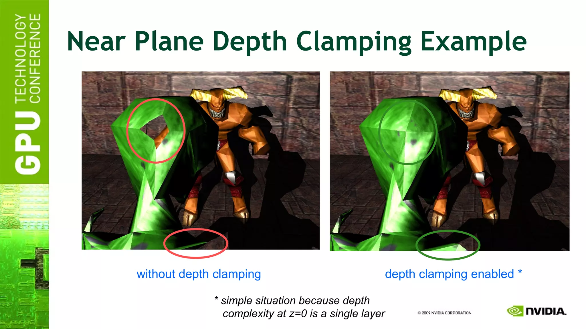 Near Plane Depth Clamping Example without depth clamping  depth clamping enabled * * simple situation because depth   complexity at z=0 is a single layer 