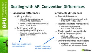 Dealing with API Convention Differences Innocuous differences API granularity OpenGL fine-grain state vs. Direct3D 10 state blocks OpenGL selectors versus Direct3D direct state access Easily dealt with by reconfiguring existing state Examples: window origin & clip space conventions Formidable differences Format differences Unsupported formats such as 4-byte BGRA vertex colors Inconsistent state management Per-domain shaders vs. monolithic GLSL shaders Shaders coded to a particular shading language syntax GLSL vs. HLSL, achieve commonality via Cg Conventions baked into shaders Fragment coordinate origin as visible from a fragment shader fairly easy to address in your application  difficult to address without 3D API help  