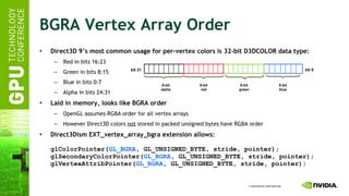 BGRA Vertex Array Order Direct3D 9’s most common usage for per-vertex colors is 32-bit D3DCOLOR data type: Red in bits 16:23 Green in bits 8:15 Blue in bits 0:7 Alpha in bits 24:31 Laid in memory, looks like BGRA order OpenGL assumes RGBA order for all vertex arrays However Direct3D colors  not  stored in packed unsigned bytes have RGBA order Direct3Dism EXT_vertex_array_bgra extension allows: glColorPointer( GL_BGRA , GL_UNSIGNED_BYTE, stride, pointer); glSecondaryColorPointer( GL_BGRA , GL_UNSIGNED_BYTE, stride, pointer); glVertexAttribPointer( GL_BGRA , GL_UNSIGNED_BYTE, stride, pointer); 8-bit red 8-bit alpha 8-bit green 8-bit blue bit 31 bit 0 