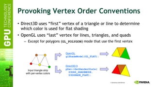 Provoking Vertex Order Conventions Direct3D uses “first” vertex of a triangle or line to determine which color is used for flat shading OpenGL uses “last” vertex for lines, triangles, and quads Except for polygons ( GL_POLYGON ) mode that use the first vertex Direct3D 9 pDev->SetRenderState( D3DRS_SHADEMODE, D3DSHADE_FLAT); OpenGL glShadeModel(GL_FLAT); Input triangle strip with per-vertex colors 