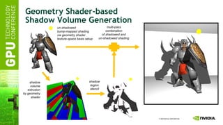 Geometry Shader-based Shadow Volume Generation un-shadowed bump-mapped shading  via geometry shader texture-space basis setup shadow volume extrusion by geometry shader shadow region stencil multi-pass combination of shadowed and un-shadowed shading 