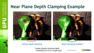 Near Plane Depth Clamping Example without depth clamping  depth clamping enabled * * simple situation because depth   complexity at z=0 is a single layer 