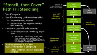 “Stencil, then Cover”                                         stencil fill
                                                        path command
                                                                                  path
                                                                               front-end
Path Fill Stenciling                                                           projective
                                                                                                 path
                                                                                                object
•   Specify a path                                         per-path            transform
                                                          fill region
•   Specify arbitrary path transformation                operations
                                                                              clipping &
     – Projective (4x4) allowed
                                                                              scissoring       sample
     – Depth values can be generated for                                                       accessibility
       depth testing
                                                                             window, depth
•   Sample accessibility determined                                          & stencil tests
     – Accessibility can be limited by any or
       all of
                                                                             path winding
          •   Scissor test, depth test, stencil test,
              view frustum, user-defined clip                                  number
                                                        per-sample
              planes, sample mask, stipple pattern,                          computation
                                                        operations
              and window ownership
•   Winding number w.r.t. the
    transformed path is computed                                                 stencil
                                                           Fill                                 stencil
                                                                                update:
     – Added to stencil value of accessible             stenciling                              buffer
                                                                             +, -, or invert
       samples                                           specific
 