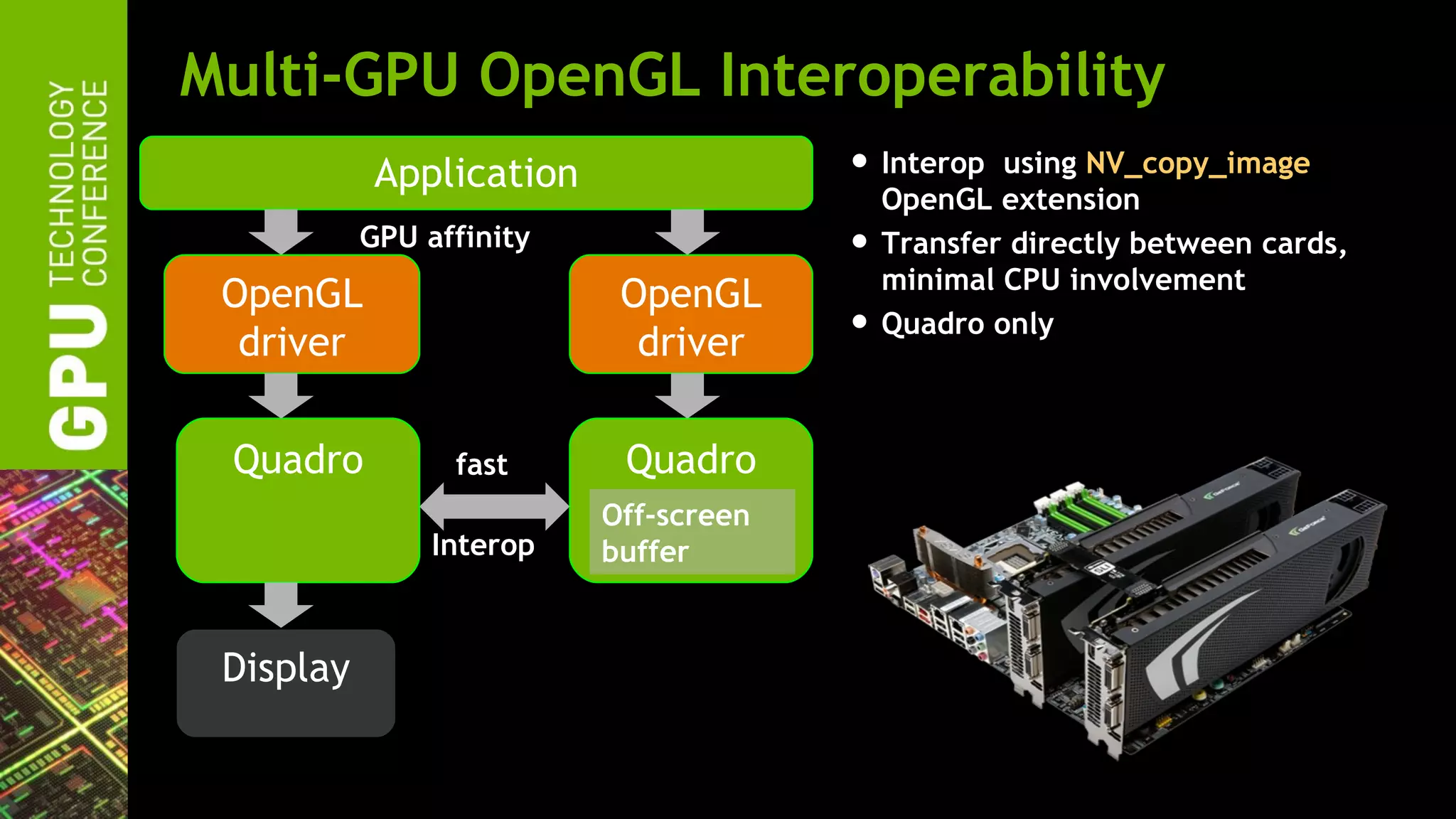 Multi-GPU OpenGL Interoperability
            Application                • Interop using NV_copy_image
                                         OpenGL extension
           GPU affinity                • Transfer directly between cards,
                                         minimal CPU involvement
 OpenGL                    OpenGL
  driver                    driver     • Quadro only

 Quadro          fast      Quadro
                          Off-screen
                Interop   buffer


 Display
 