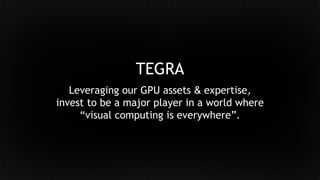 TEGRA 
Leveraging our GPU assets & expertise, 
invest to be a major player in a world where 
“visual computing is everywhere”. 
 